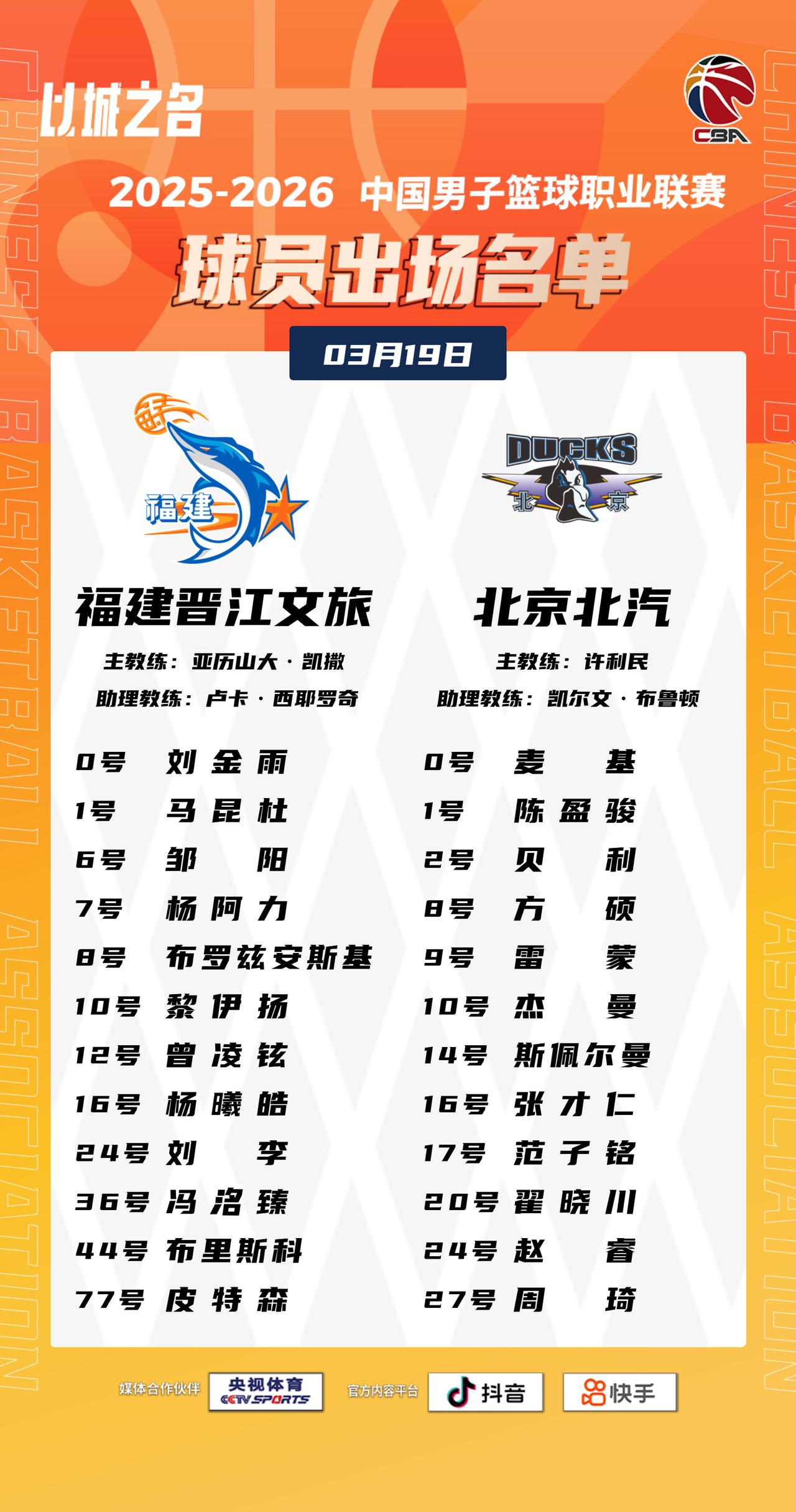 【大名单出炉】2025-2026赛季CBA联赛常规赛第二十七轮今晚继续进行，2场