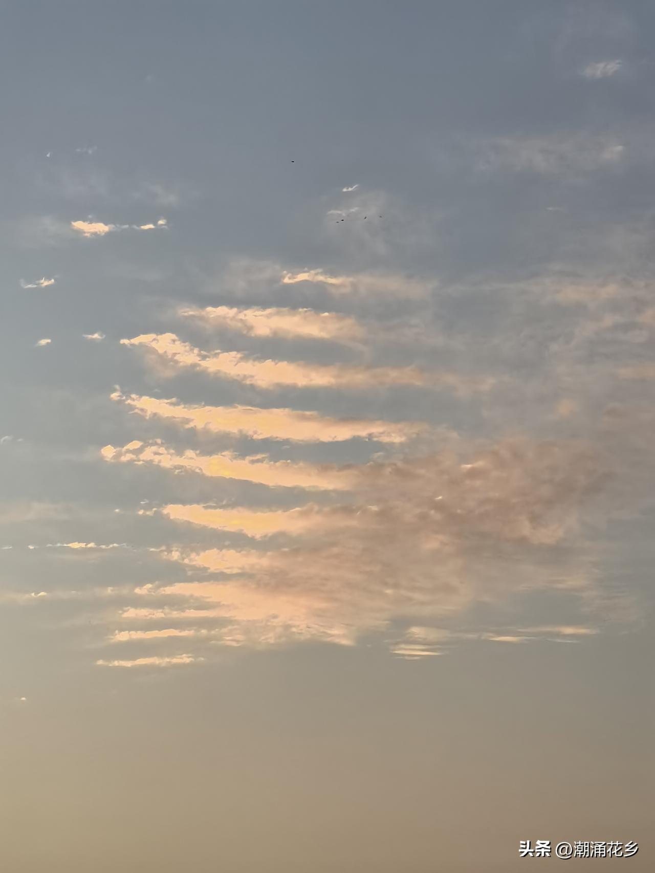 天空偷喝了我藏的酒，红了脸颊染了云。城市静默仰望，晨风微凉，早出注意添衣。