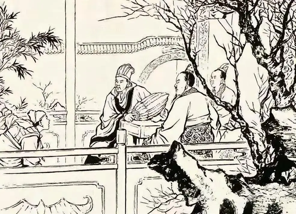 说曹操曹操到。此图中三个人正在开碰头会，诸葛亮说这事咱不能顶在前面，要...