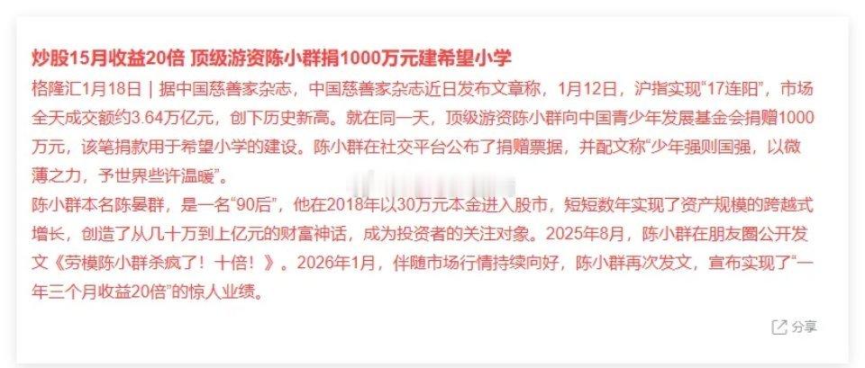 炒股15月收益20倍 顶级游资陈小群捐1000万元         陈小群是一名