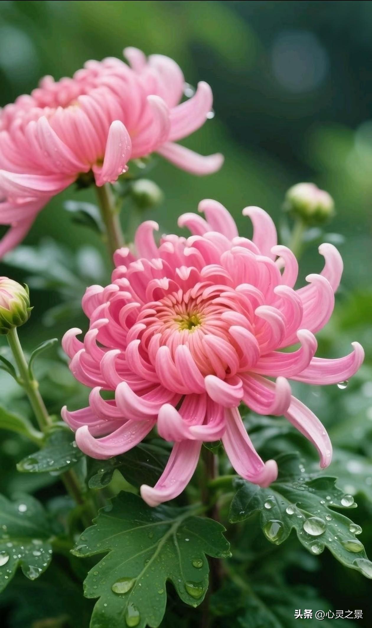 粉菊温柔清甜，紫菊沉静雅致，花瓣缀满晶莹水珠，层层卷曲舒展，在绿叶间静静绽放。百