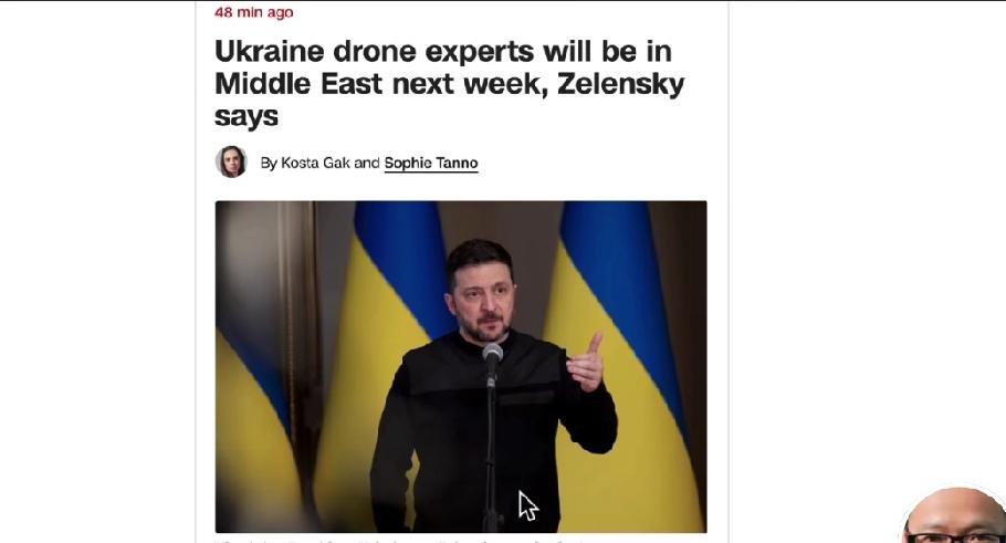 英文原文翻译
 泽连斯基称：乌克兰无人机专家将于下周前往中东
（由Kosta G