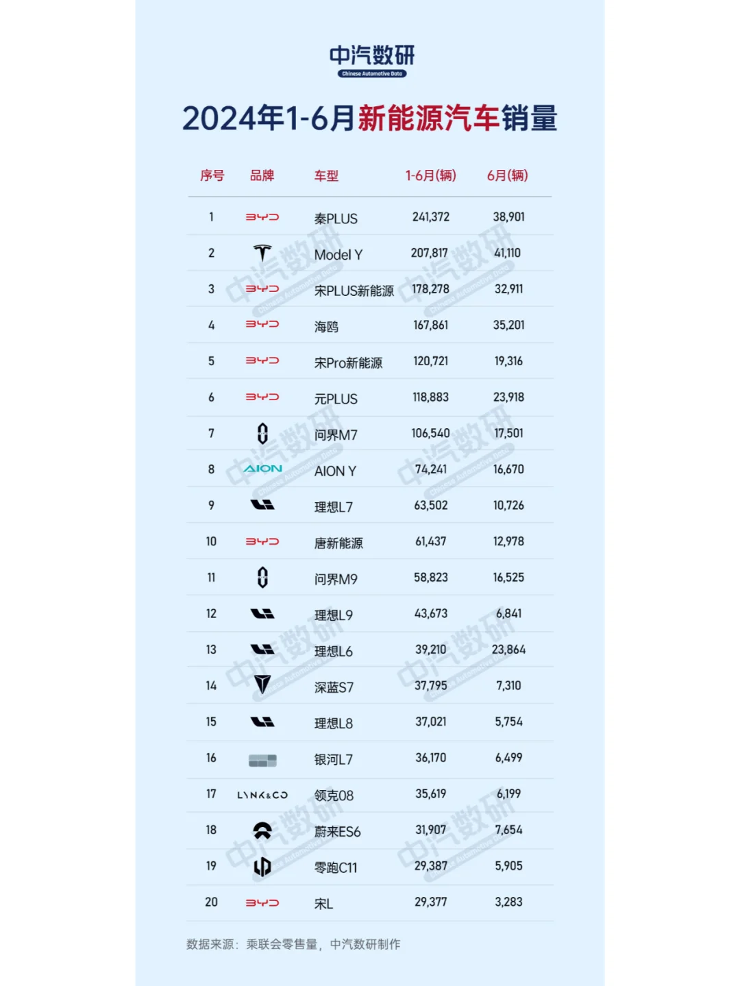 2024上半年新能源汽车销量排行榜
