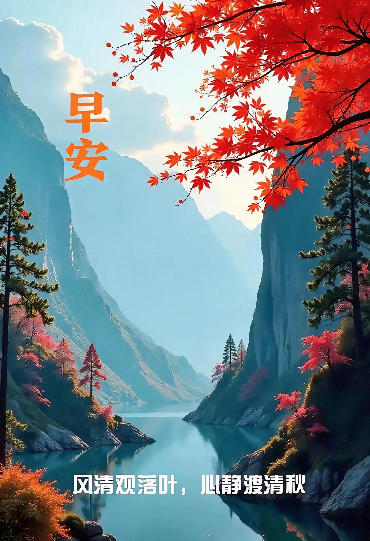 早安！红叶遍染秋山，湖面倒映蓝天，风清神宁，开启元气满满的一天！
作者加速成长计