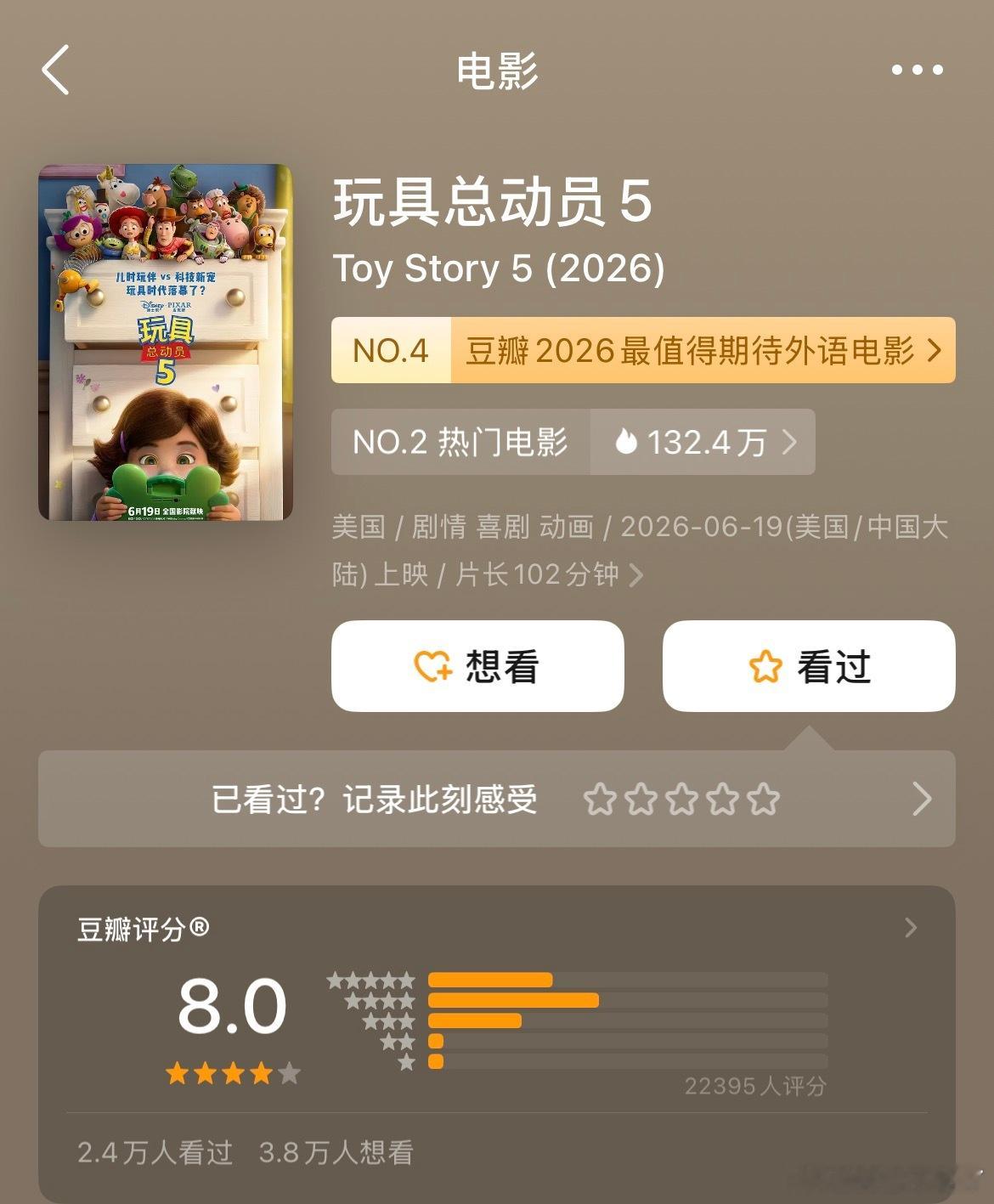 端午档上映的4部影片豆瓣开分情况《玩具总动员》8.0《抓特务》7.5《我看见两朵