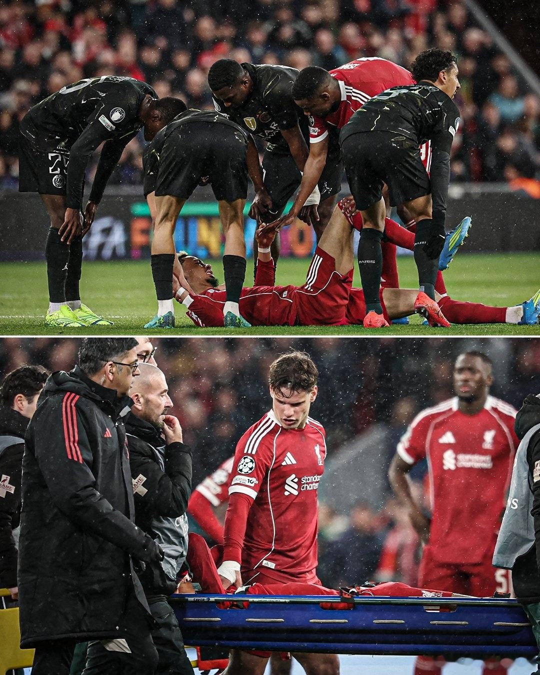 欧冠 埃基蒂克在比赛中腿部非接触性受伤，被担架抬出场外时，巴黎圣日耳曼和利物浦的