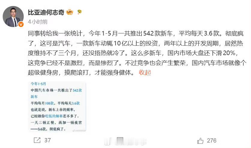 比亚迪高管称车市彻底疯了 7月14日消息，比亚迪股份有限公司执行副总裁何志奇今日
