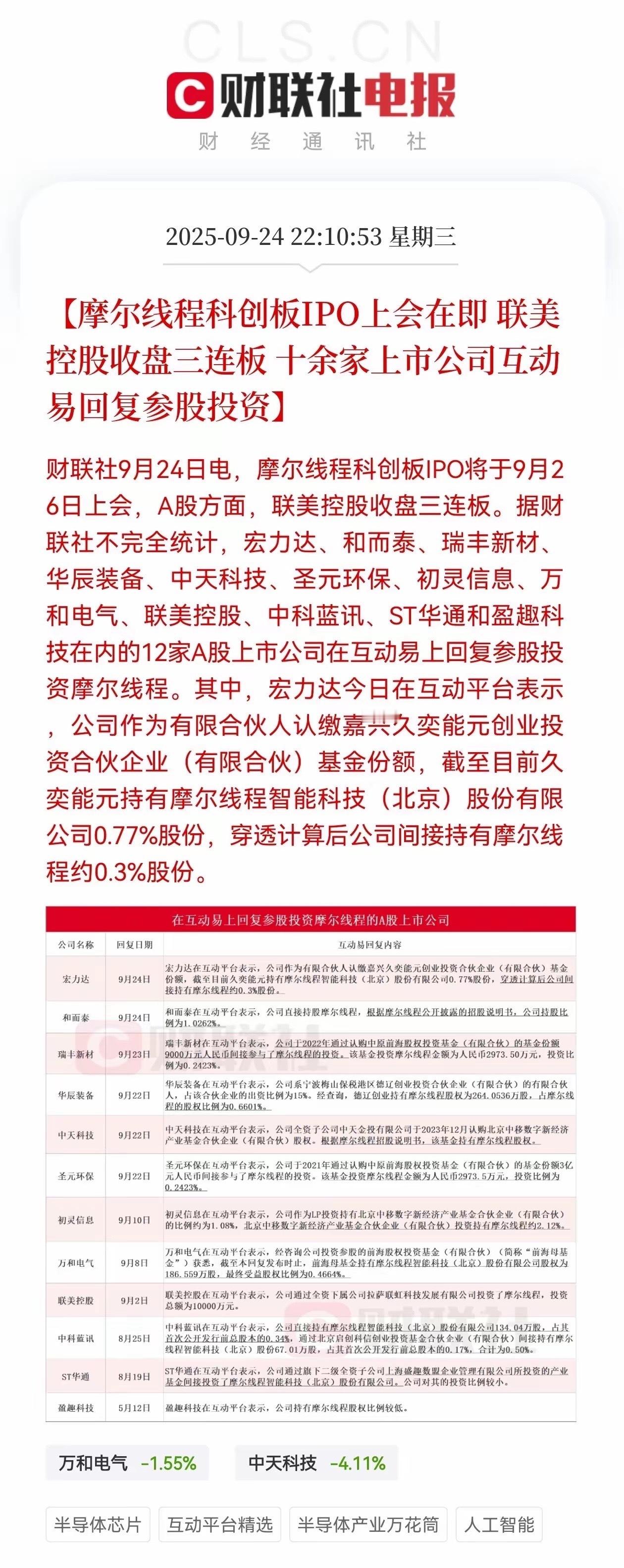 摩尔线程上市，和而泰有多少投资收益？周一摩尔线程科创板IPO就要申购了，摩尔线程
