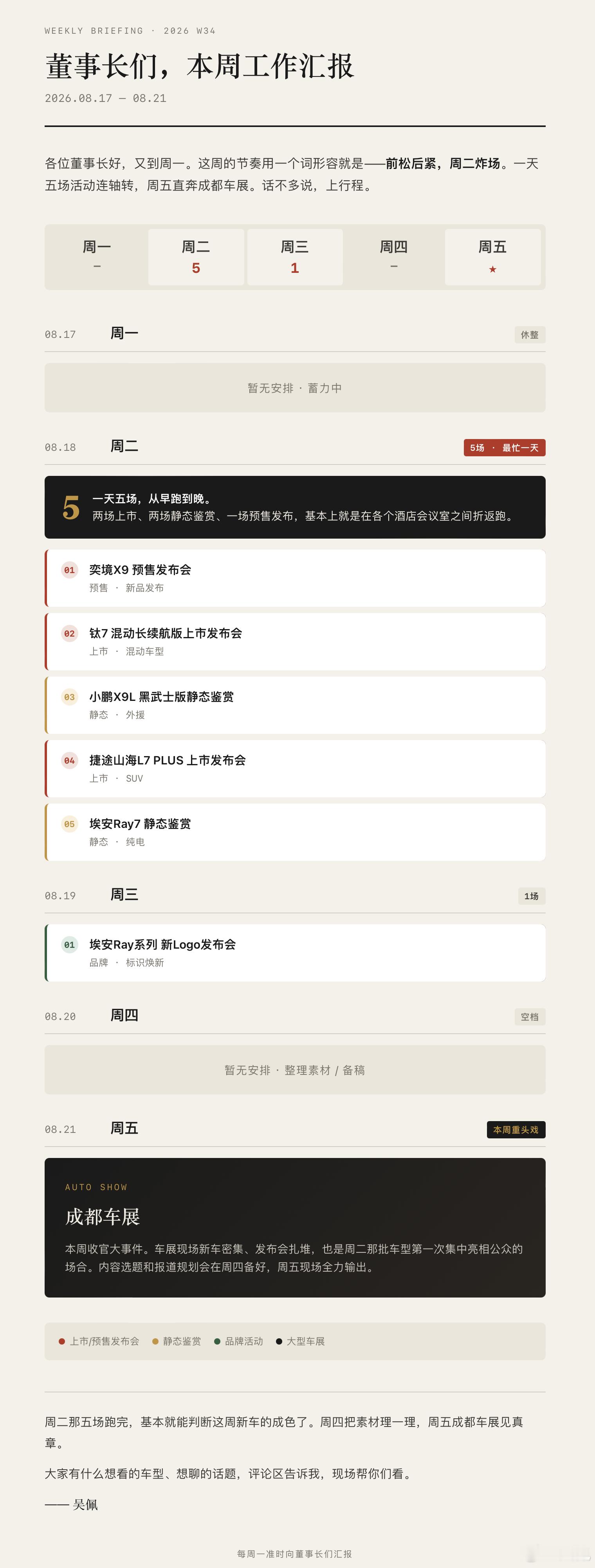 又到《董事长汇报会》时间，各位董事长，这一周的工作汇报来了🔽🔽🔽成都车展前