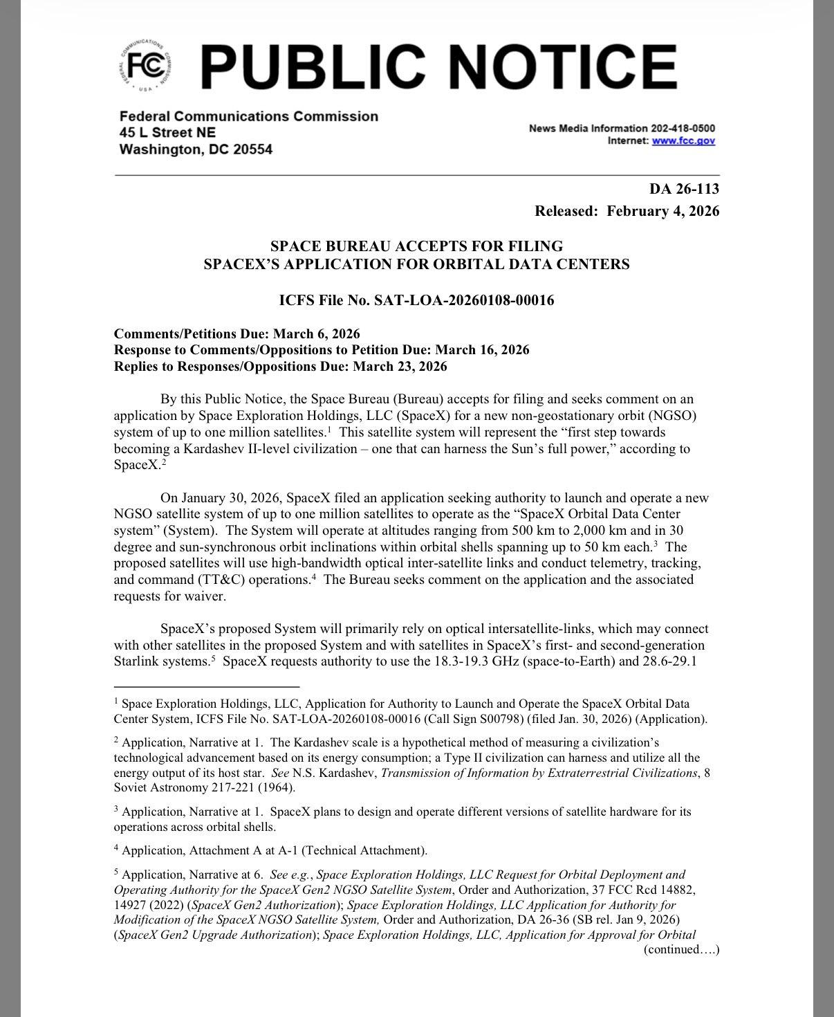 【美国联邦通信委员会接受SpaceX百万颗卫星系统部署申请】当地时间2月4日，美