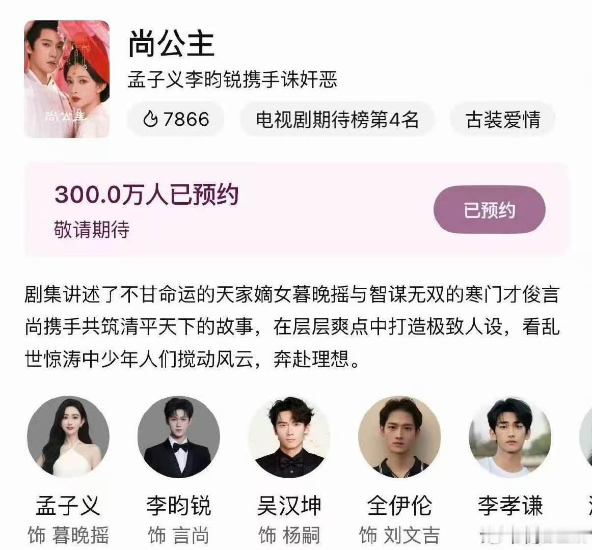 尚公主300W预约达成孟子义李昀锐尚公主预约破300w尚公主300W预约达成 