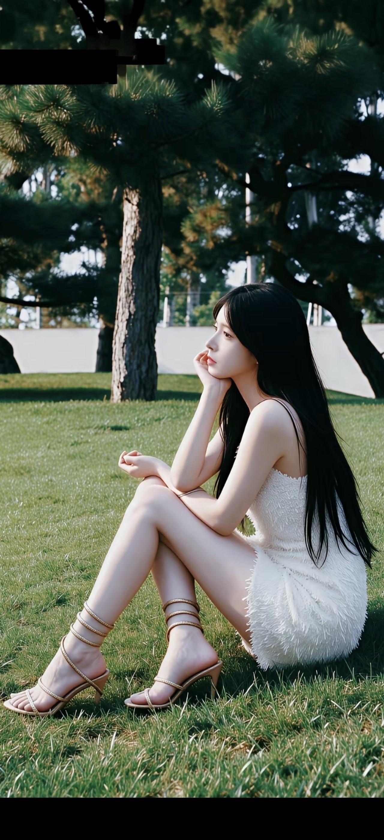 一位黑发姑娘坐在草地上，显得很安静。