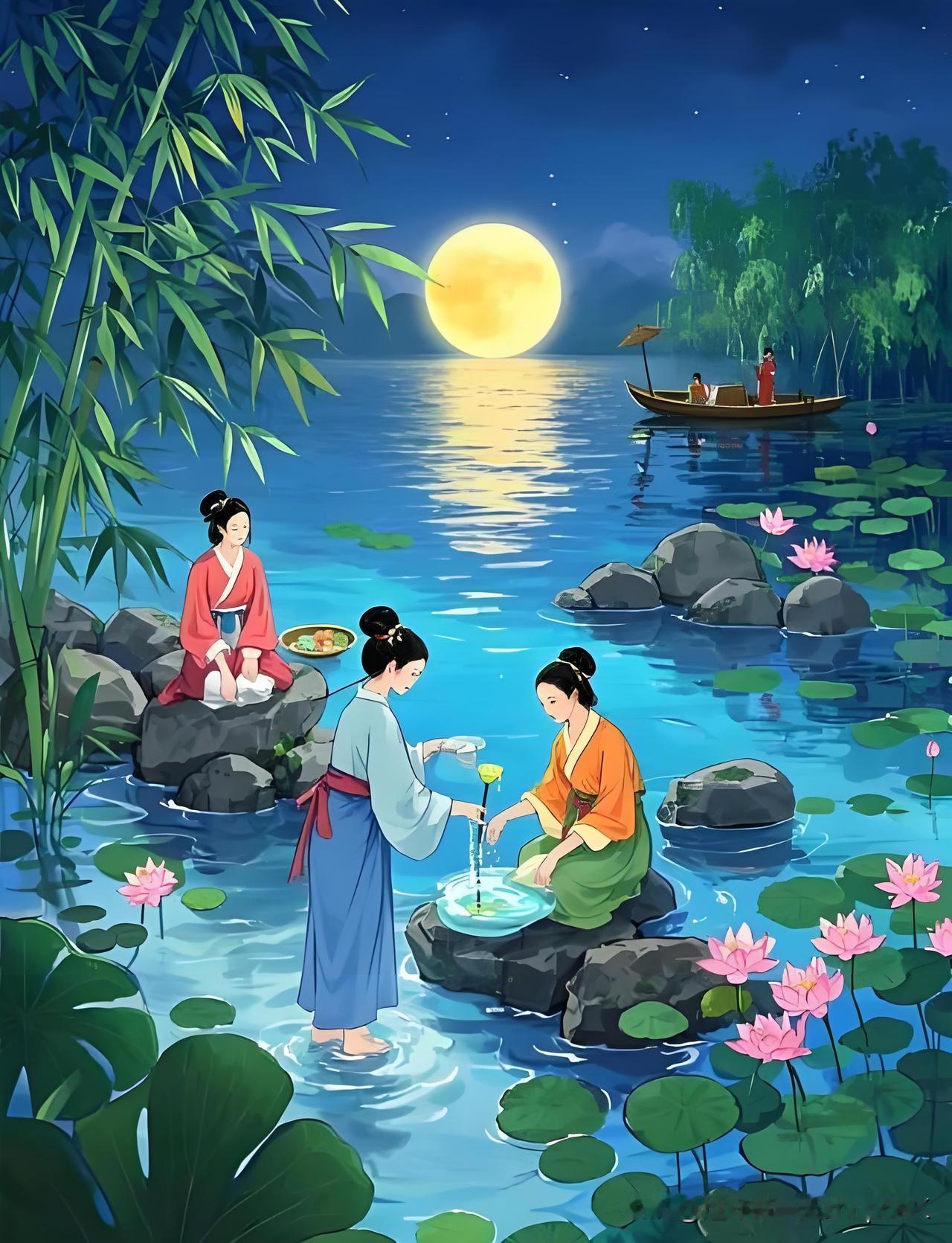 《暑夜》
——宋.徐玑
竹深无暑气，荷密有清风。
临水坐来久，不知是夕钟。