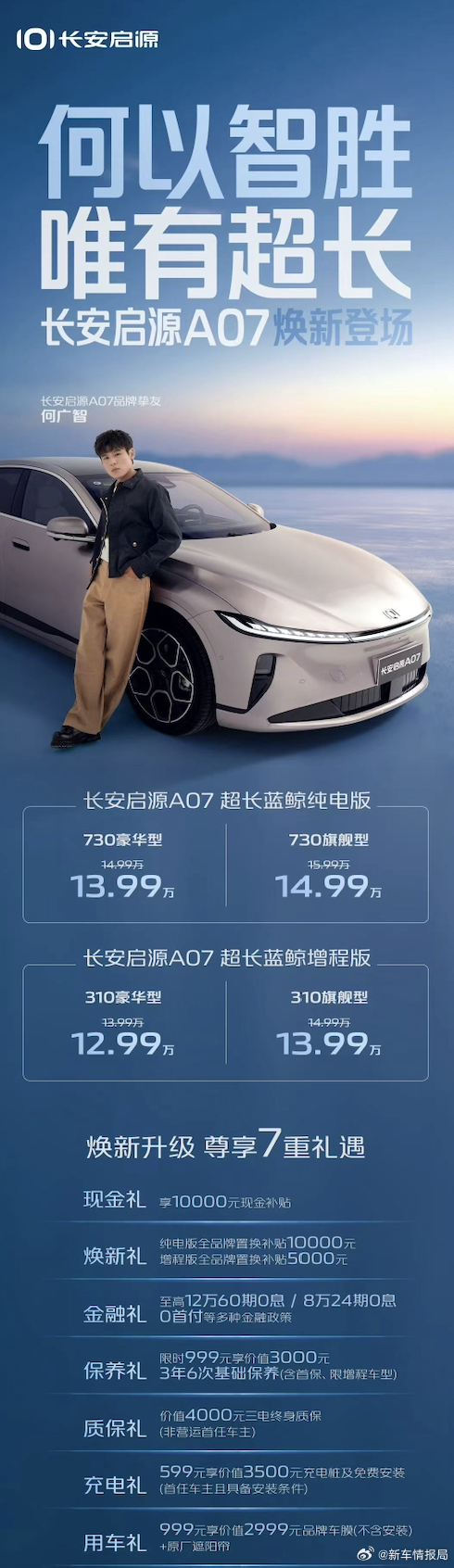 新车划重点新车情报局9月10日，长安启源A07超长蓝鲸增程版/超长蓝鲸纯电版焕新