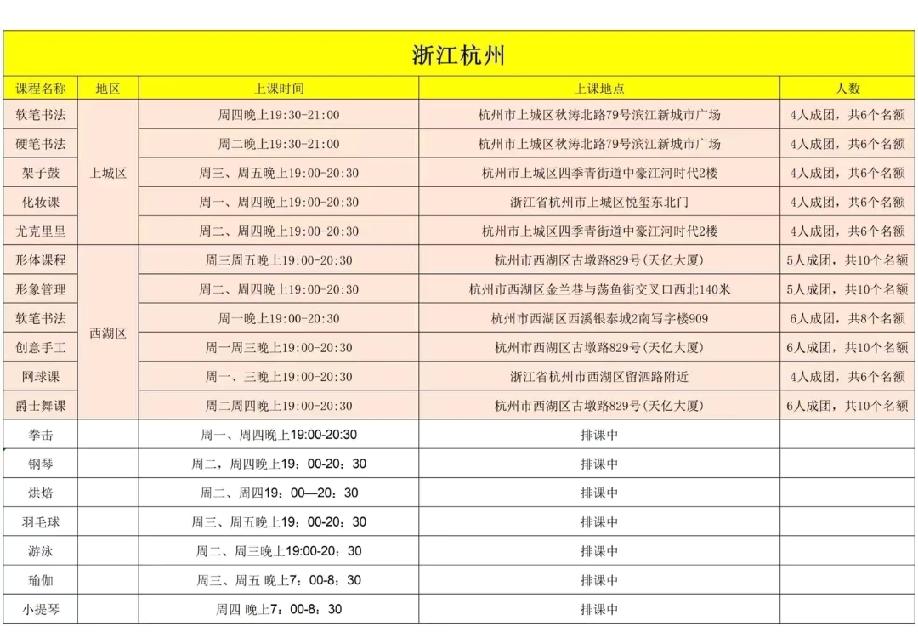 网上流出的杭州白领下班学艺的排课表！正所谓“下班学艺忙，生活甜又长”，趁着青春年