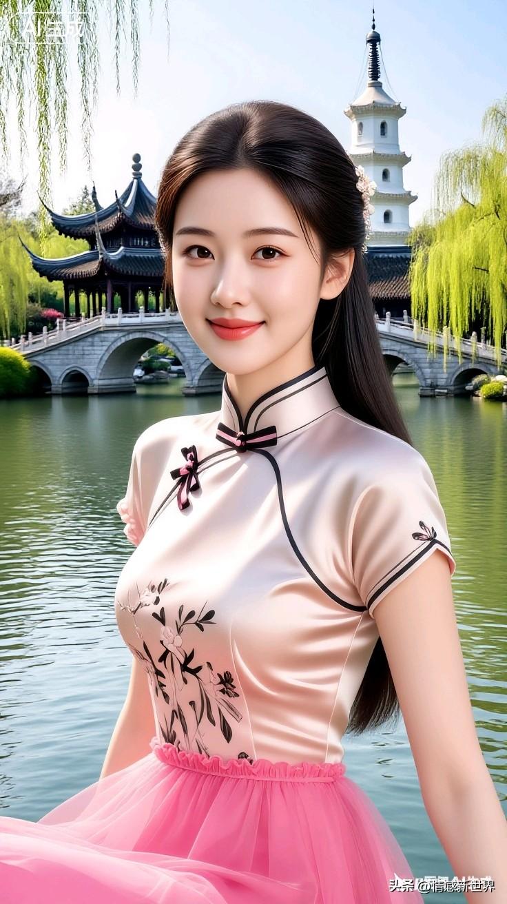 在江南水乡，遇见最美古风少女，粉裙飘逸，笑靥如花。湖边白裙少女 江南古风少女