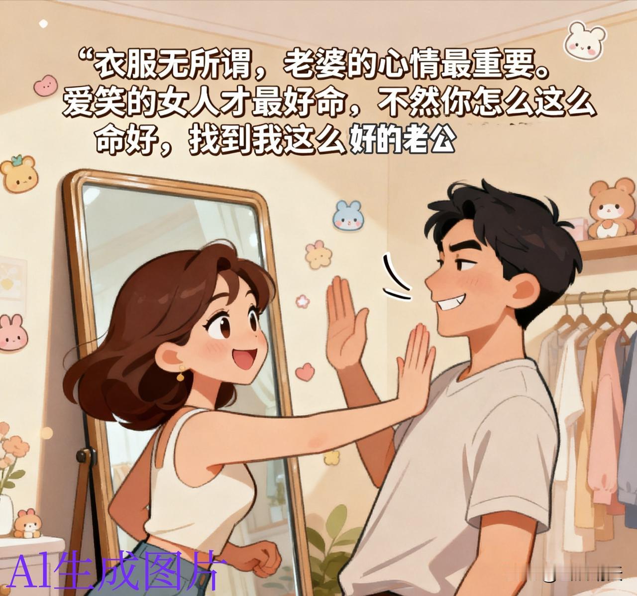 今天在穿衣镜试衣服
老公，突然过来说：女人，你又买新衣服？
我说：老早就买了都没
