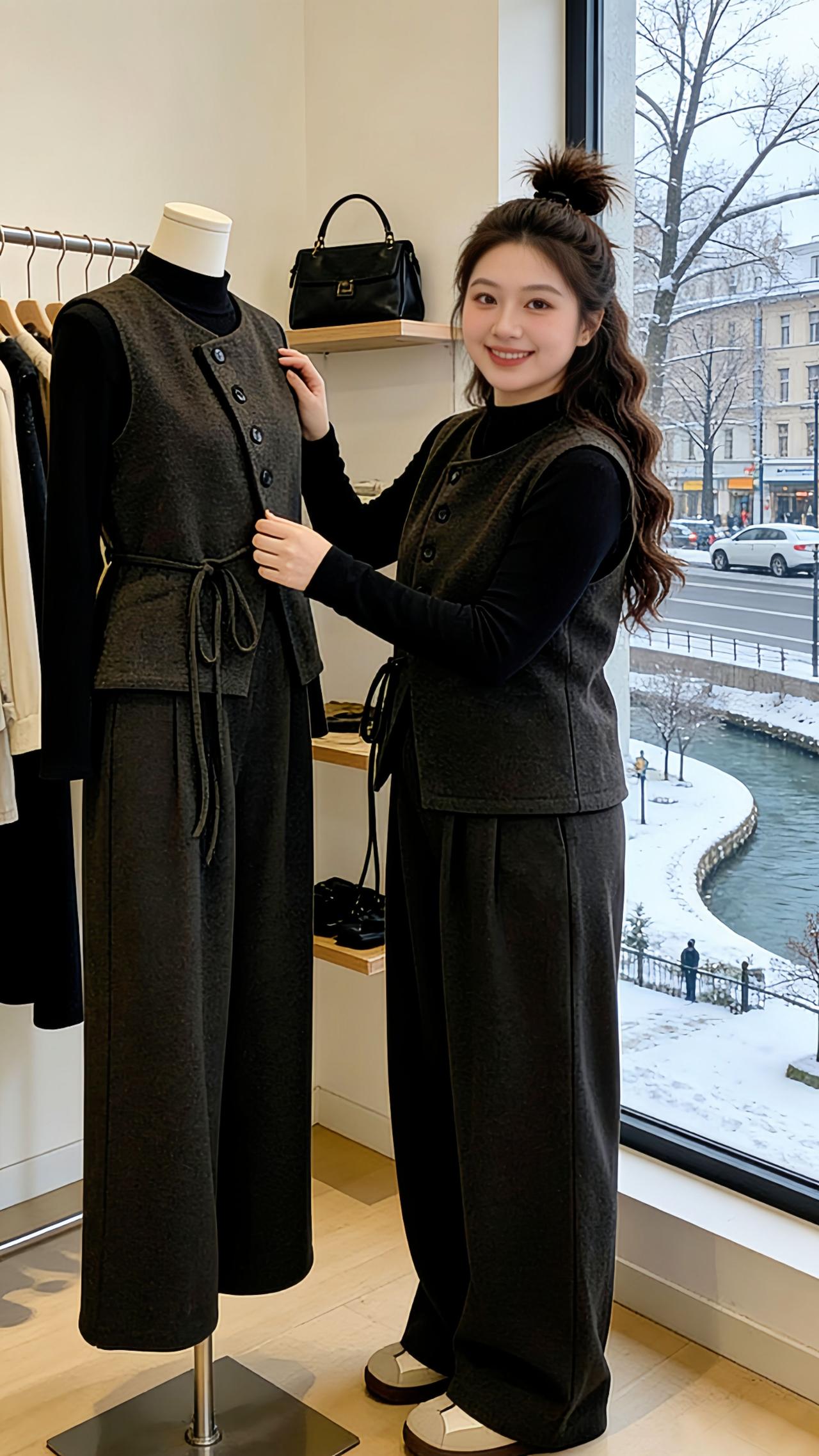 《冬日穿搭小纪事》
Danny在飘雪的服装店里调整模特身上的三件套，抱着软乎乎的