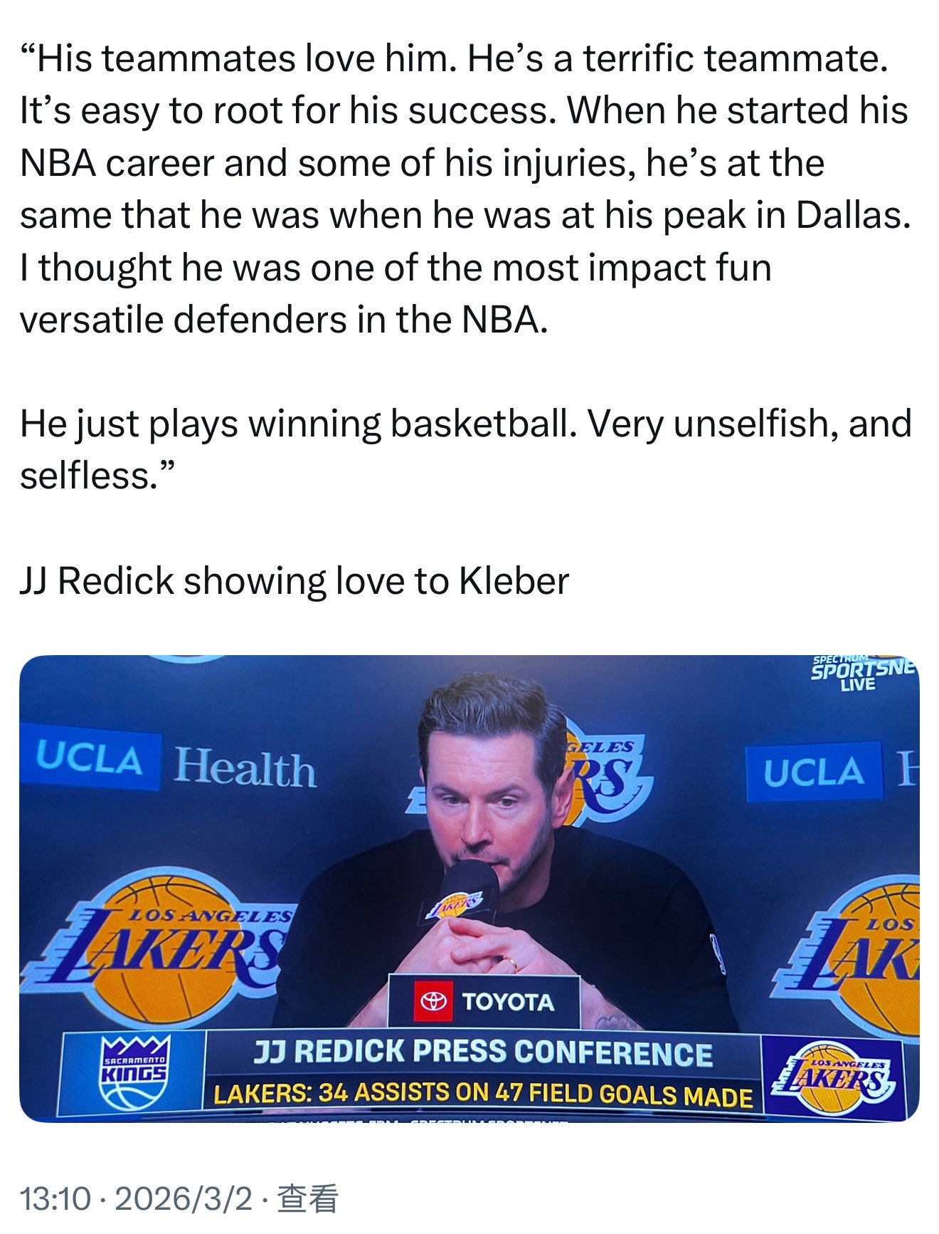 JJ·雷迪克谈到克勒贝尔：“他的队友们都很喜欢他。他是一位非常出色的队友，很容易