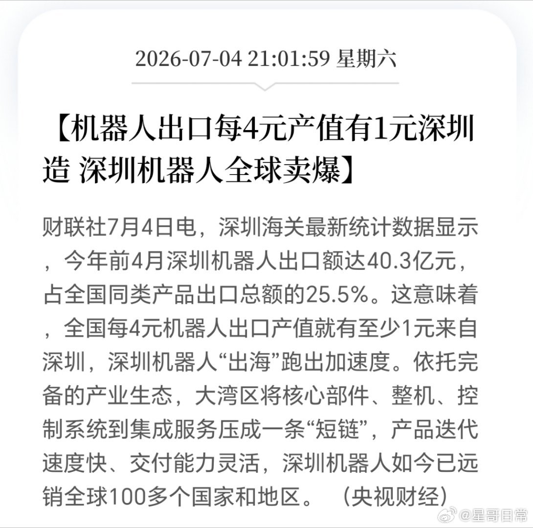 振奋人心，深圳机器人卖爆全球。这个数据出来，下周人形机器人板块走强，没有悬念了。
