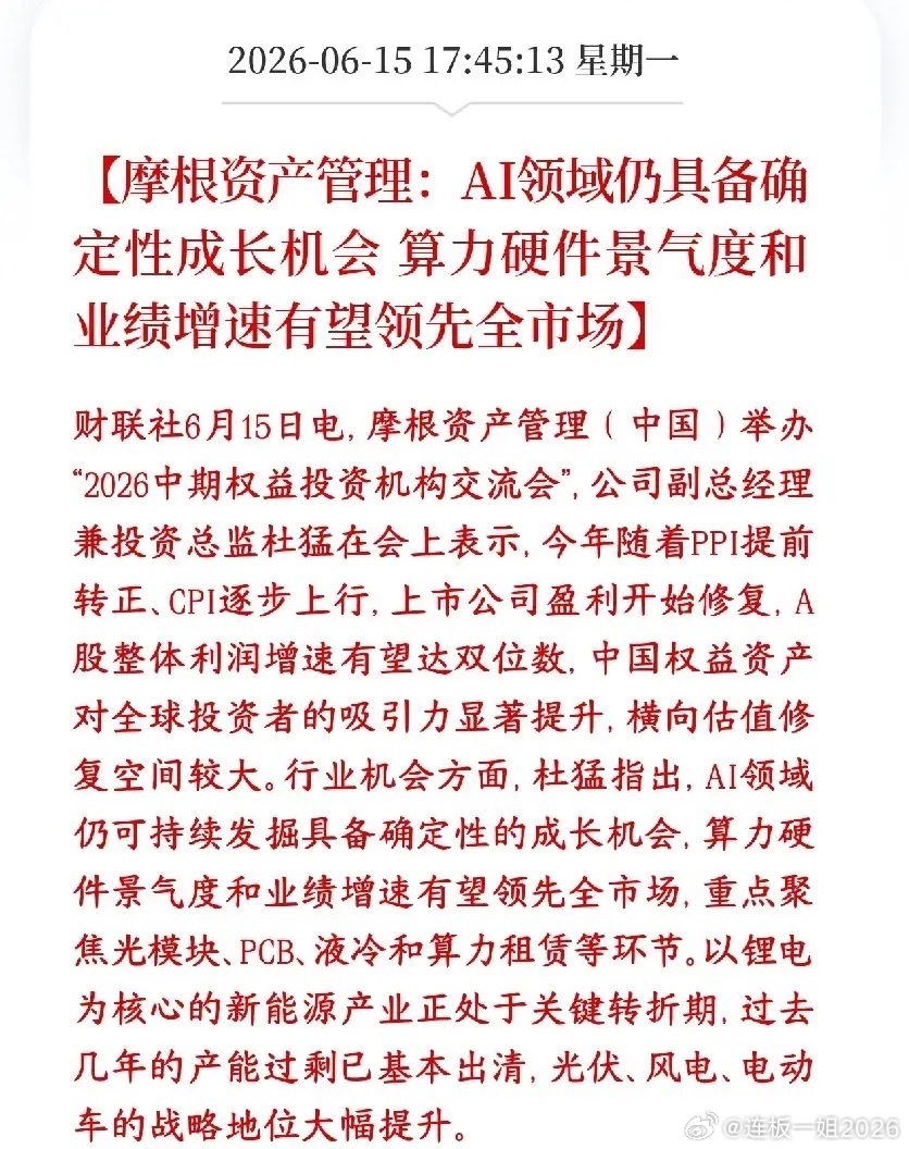 A股AI领域持续被大机构看好，认为其成长机会巨大外资大佬（摩根）认为A股今年业绩