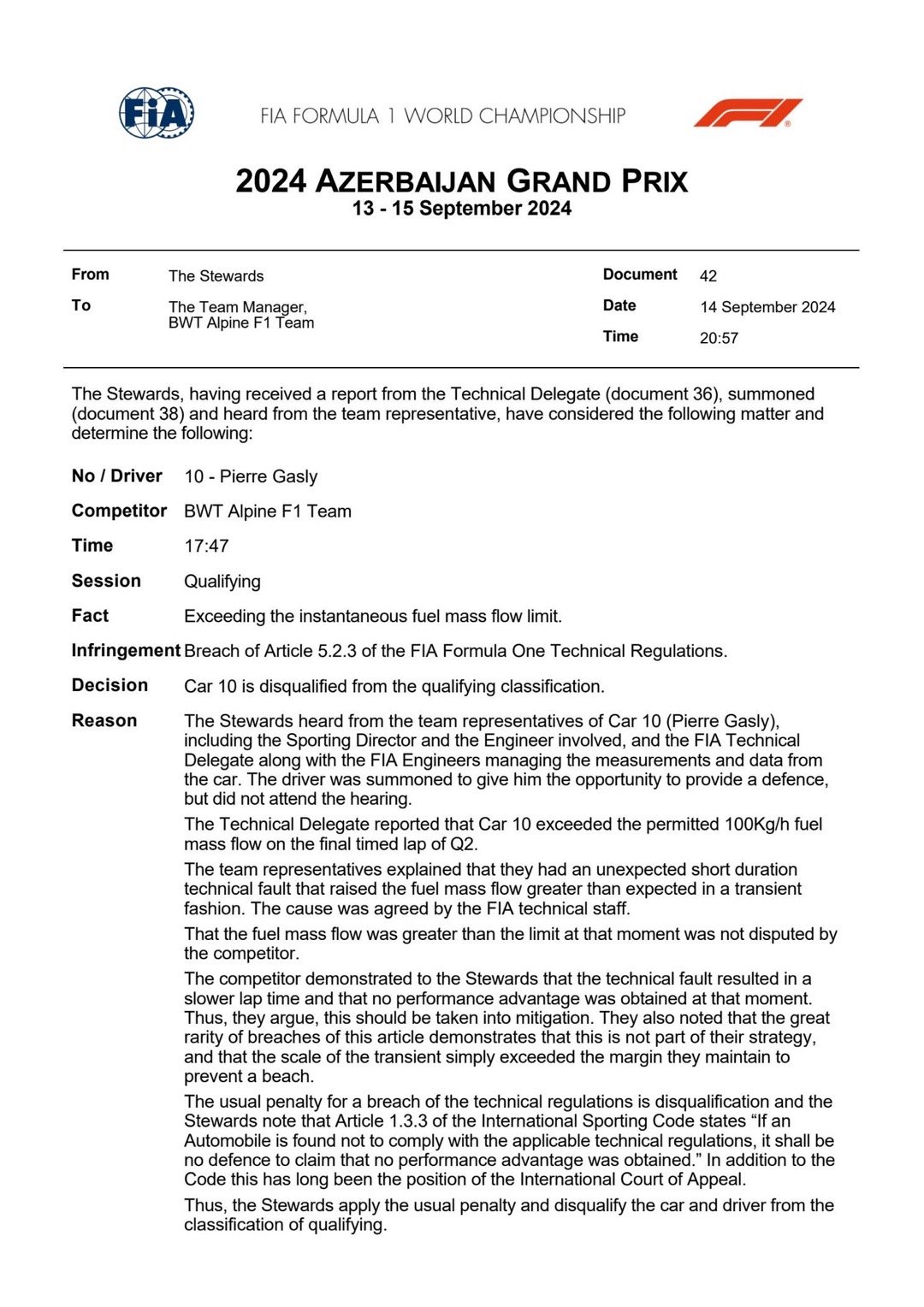 【Breaking News】加斯利因为燃油流速超标被取消排位赛成绩#f1##2