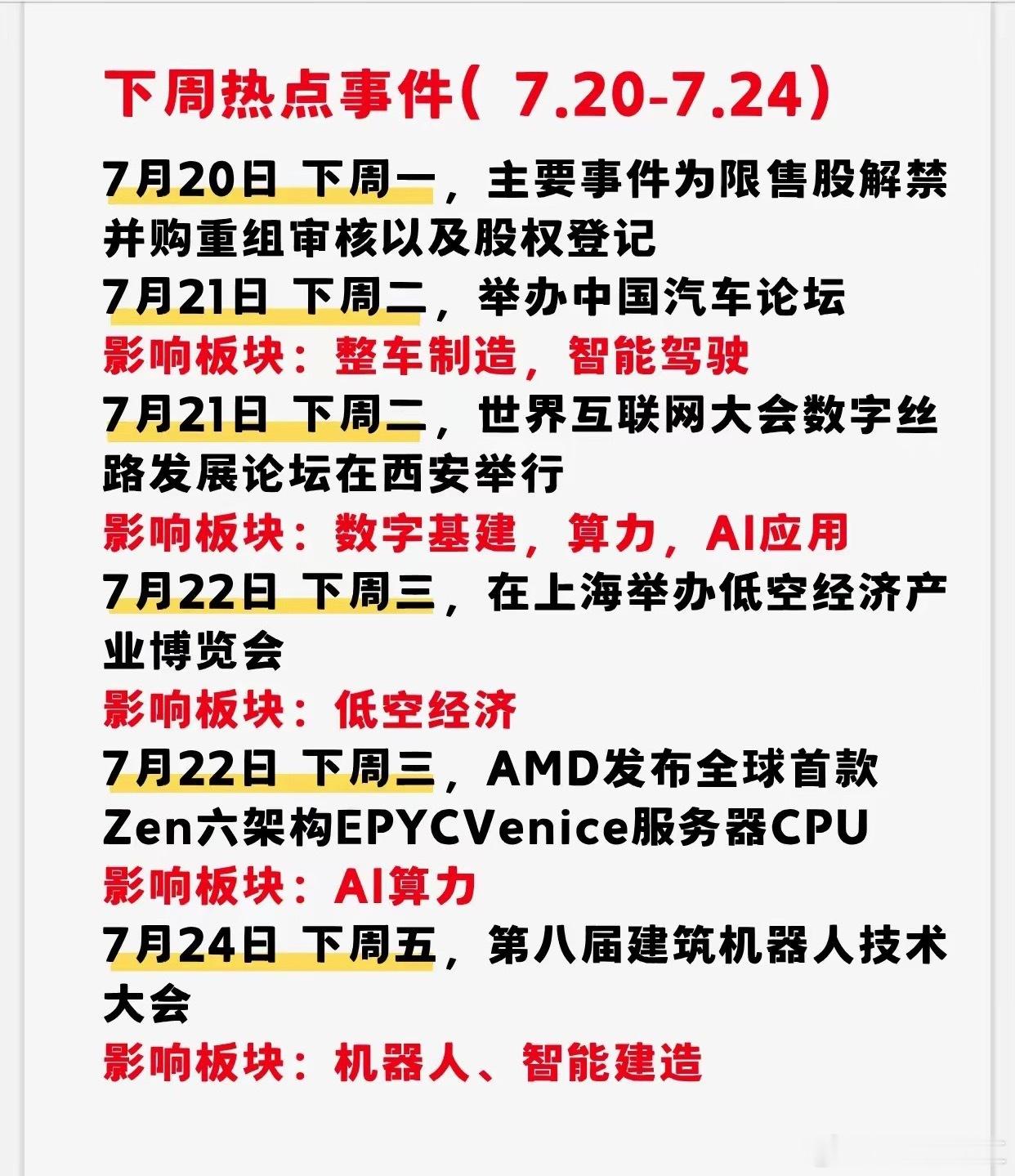 下周热点事件（7.20-7.24）7月20日 下周一，主要事件为限售股解禁并购重