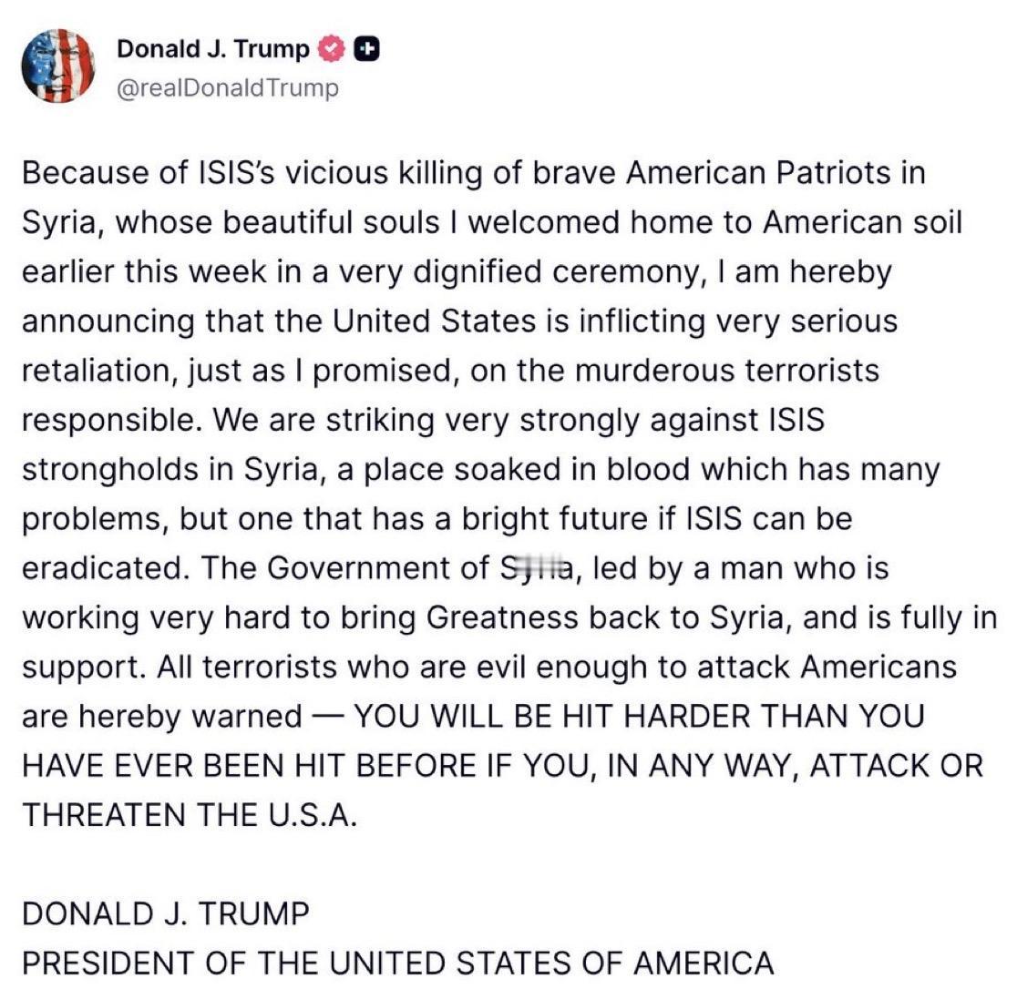 美国总统唐纳德·J·特朗普证实，今晚将对叙利亚境内与ISIS有关联的目标发动大规