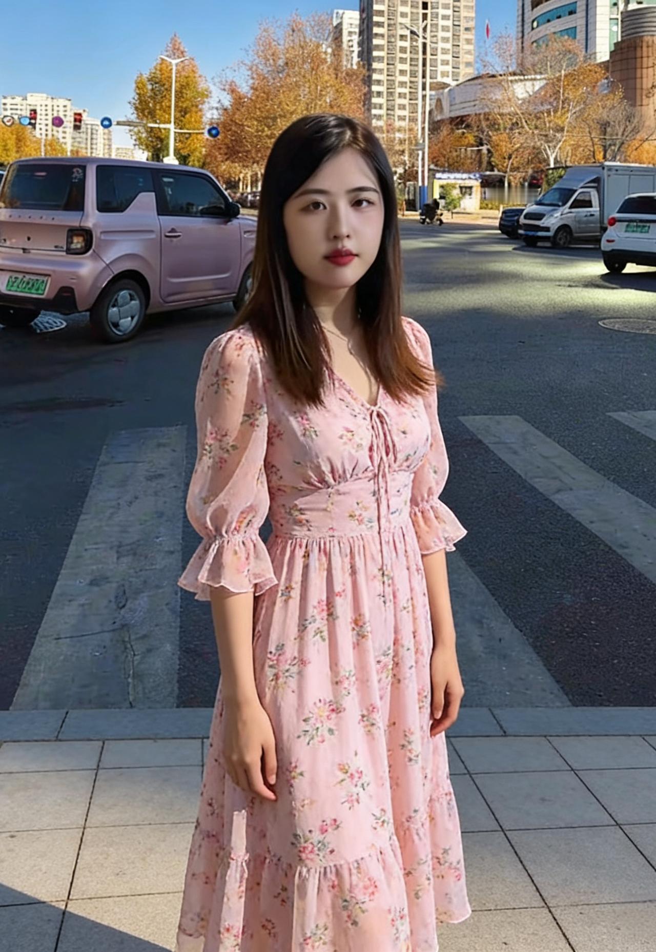 粉色长裙是流动的花海
在斑马线旁盛开
风穿过喇叭袖，扬起细碎的花影
像把春天揉进