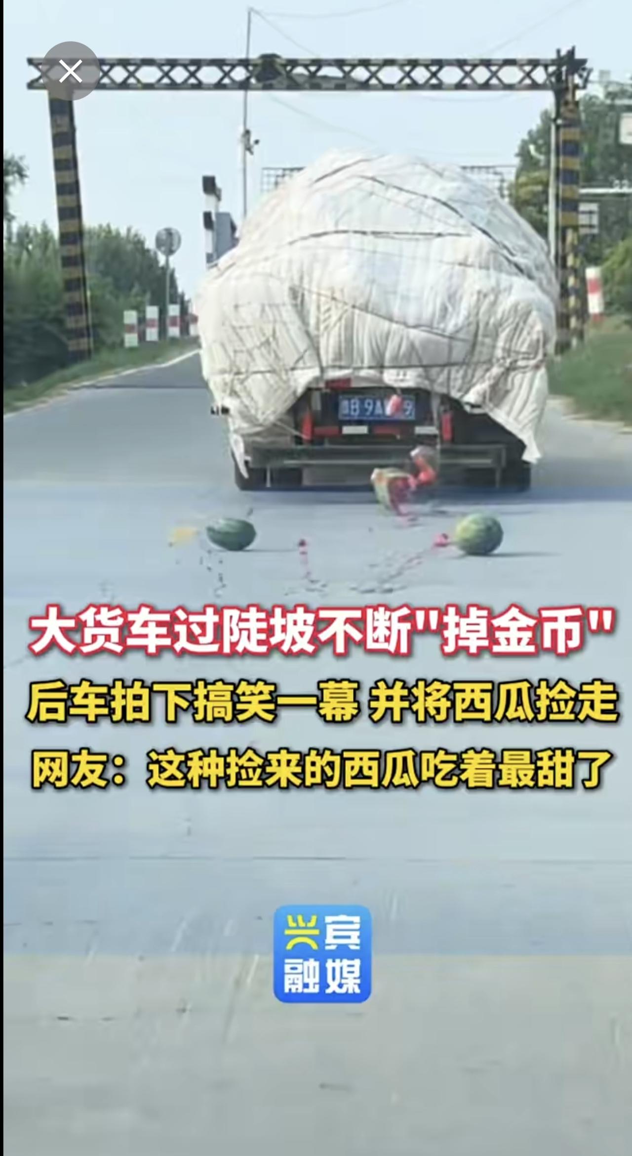大货车过陡坡不断“掉金币”，后车拍下搞笑一幕并将西瓜捡走，网友：这种捡来的西瓜吃