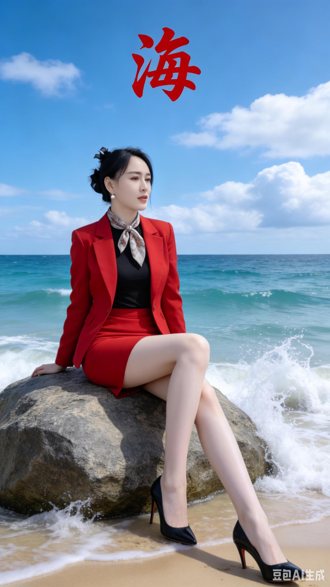 静坐在海边的巨石之上
身着红装，显得格外明朗
肌肤冷白且细腻非常
丝巾与耳环搭配