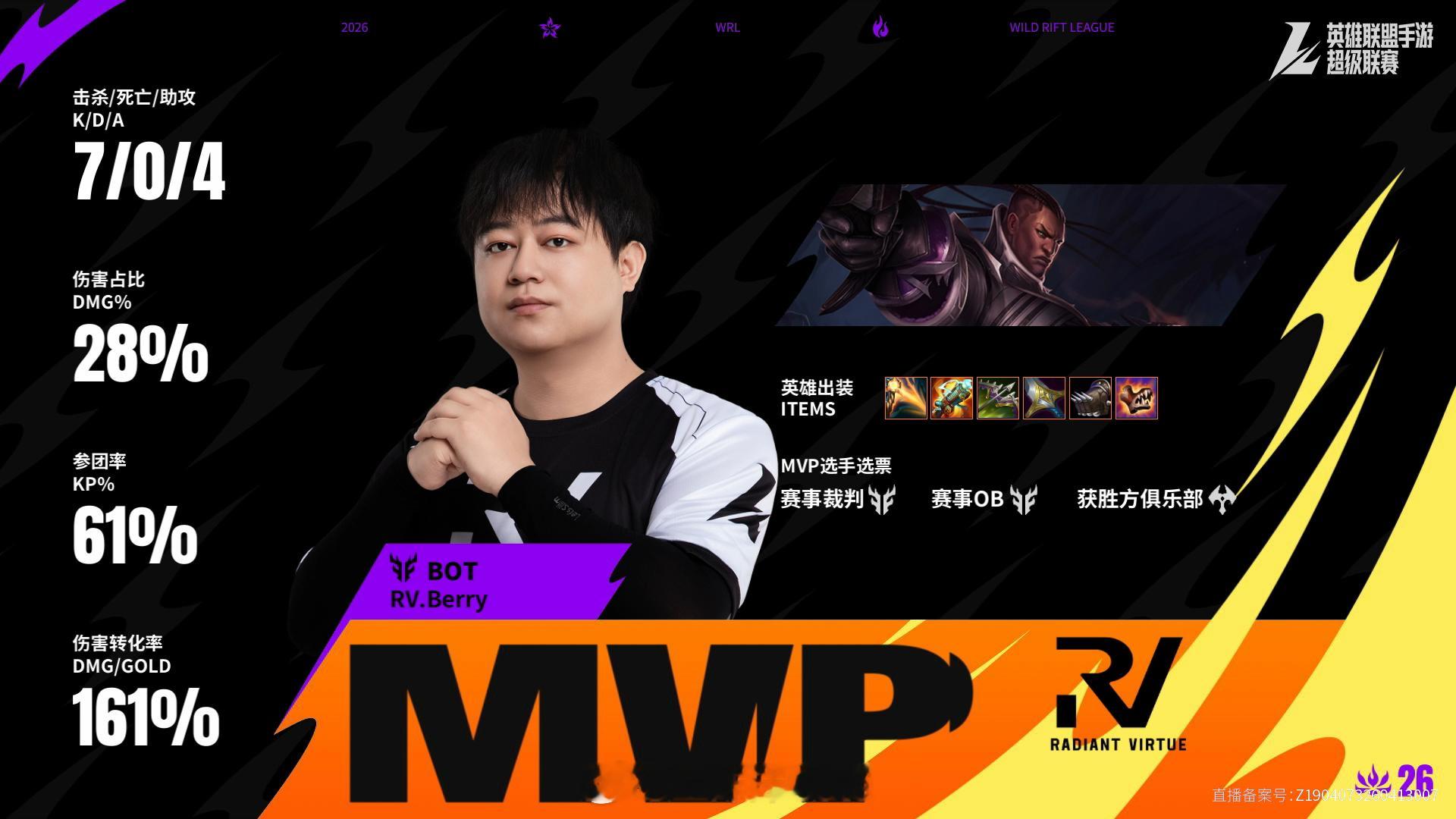 RV对阵KBG淘汰赛第二场赛后数据，MVP2026WRL夏季赛英雄联盟手游赛事英