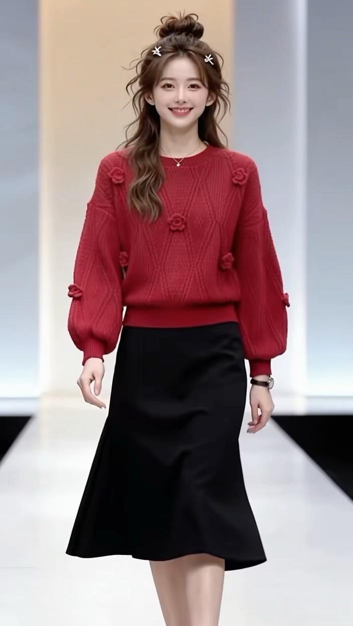 中年少女 减龄显瘦穿搭 时尚女装穿搭 毛衣 新年战袍