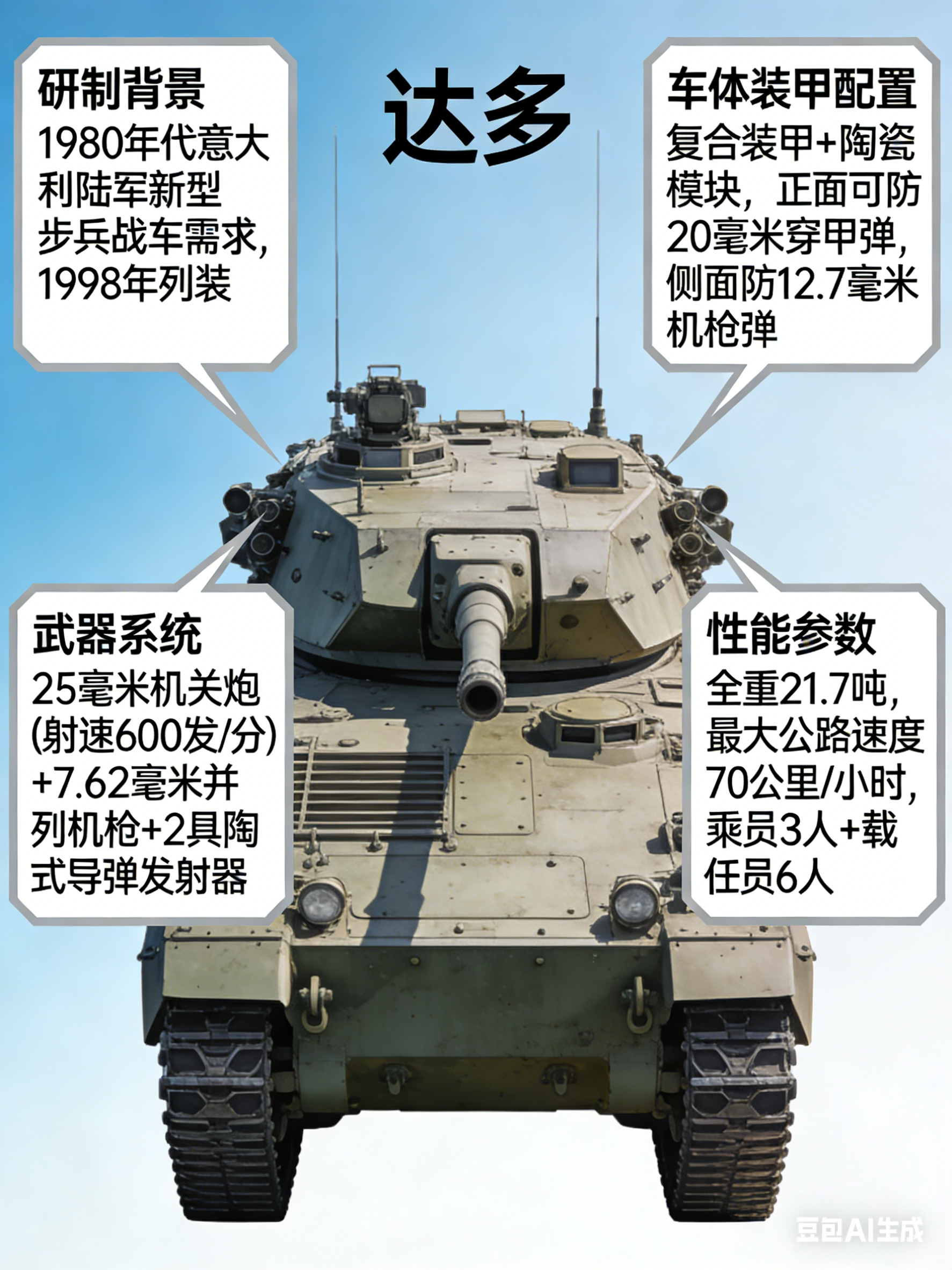 军事ai新视野 意大利“达多”步兵战车“达多”（dardo）步兵战车是意大利于2