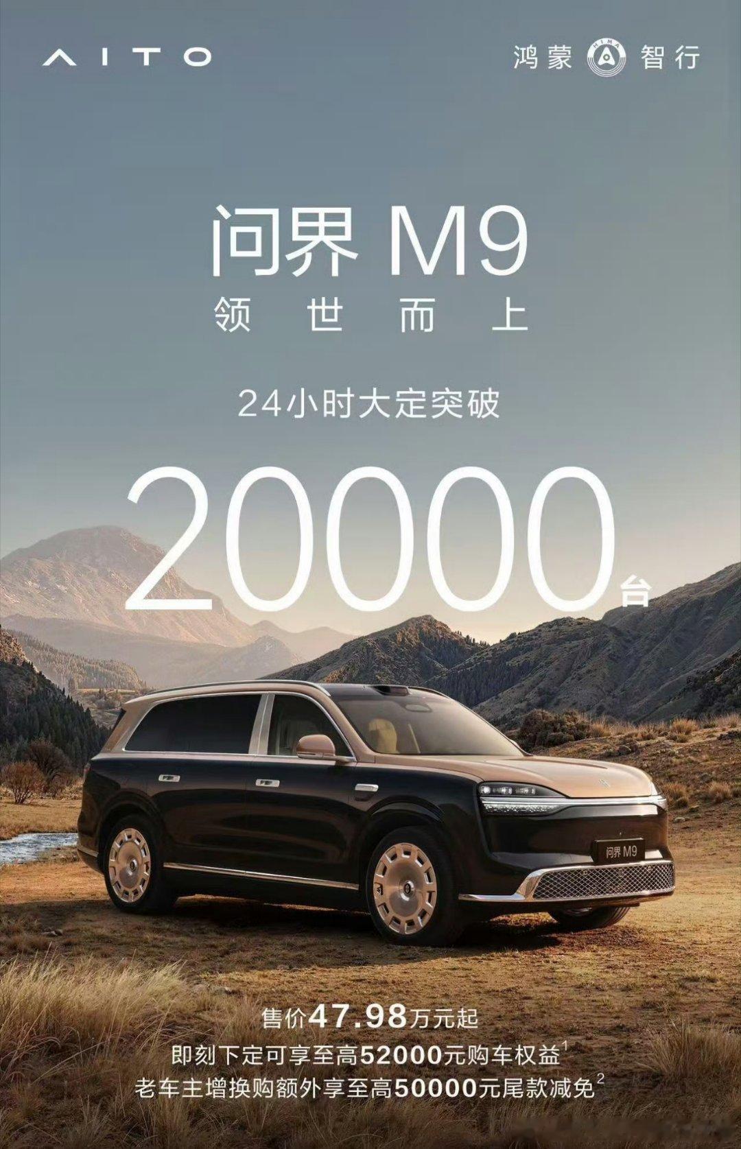 问界M9大定24小时破2万台不得不承认华为的技术毋庸置疑，新款M9上市仅24小时