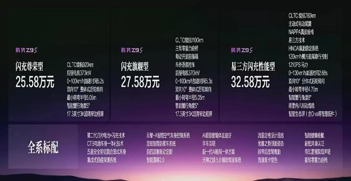 腾势Z9S价格来咯～
闪充尊荣型：25.28万元
闪充旗舰型：27.58万元
易