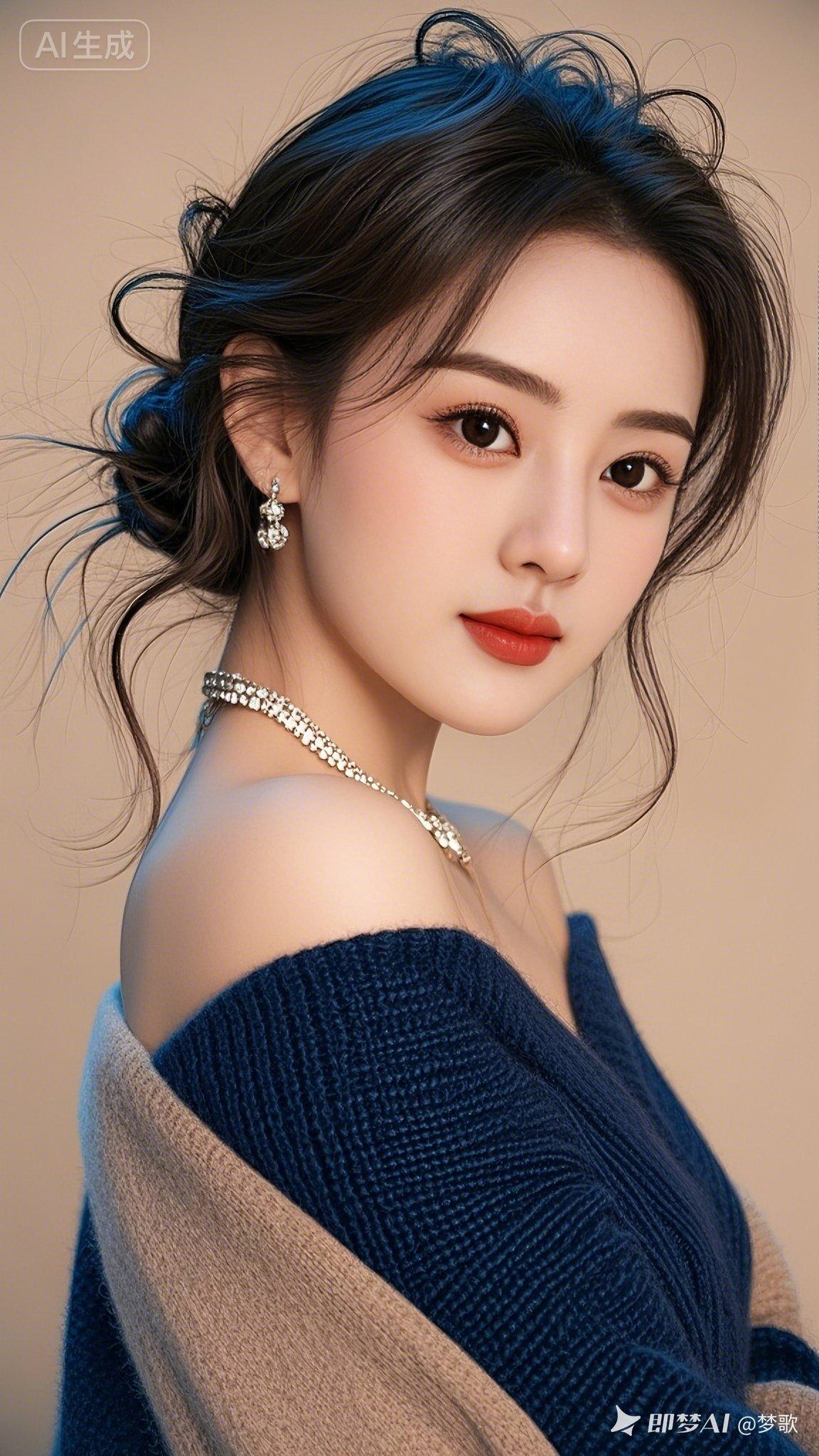 深棕波浪慵懒束发泛着微光，风拂发丝轻扬。瓜子脸樱唇红润，冷白肌肤透亮。撞色露肩羊