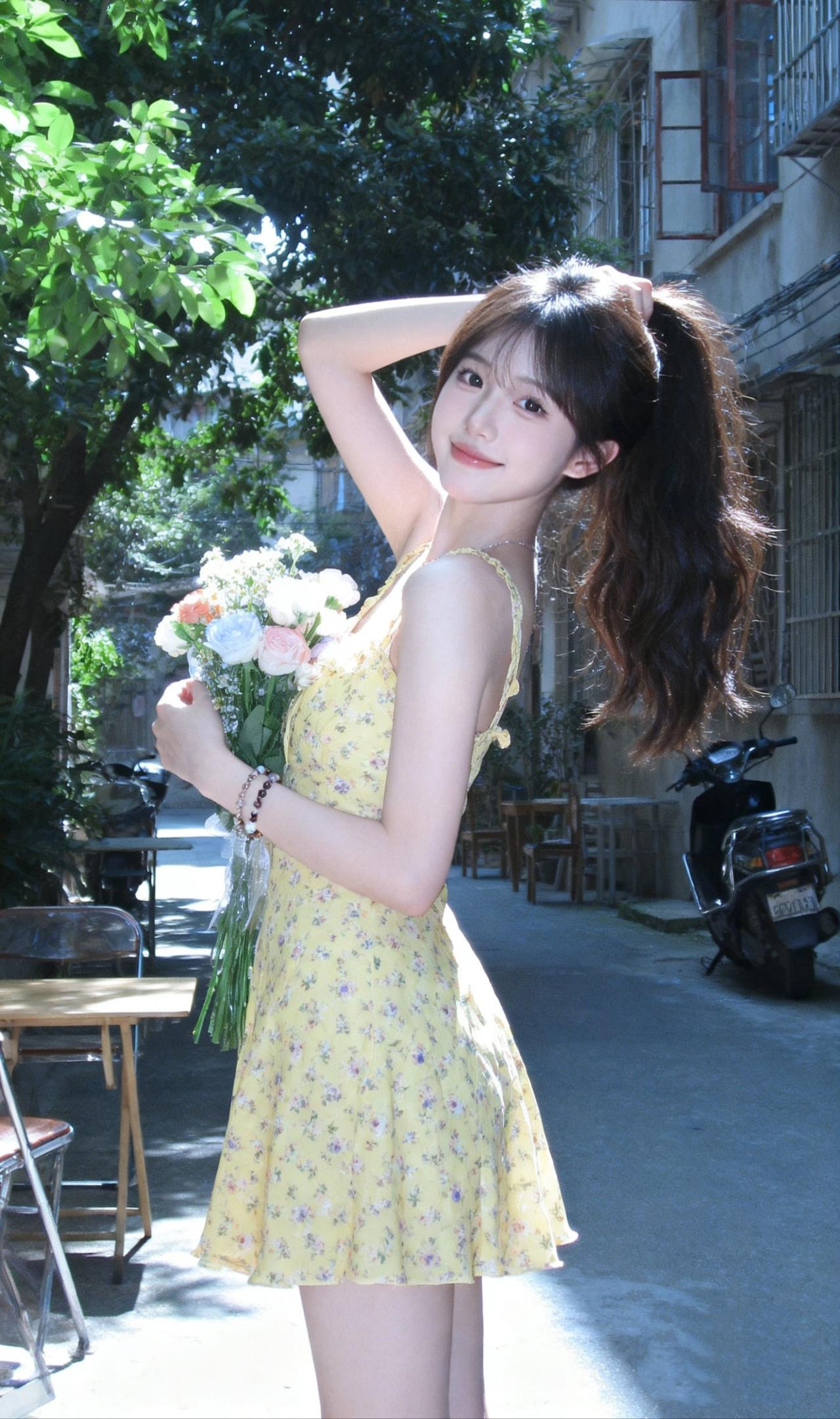 阳光明媚的午后，花束与少女，美好时光定格美女的美丽瞬间分享 减龄少女感穿搭 温柔
