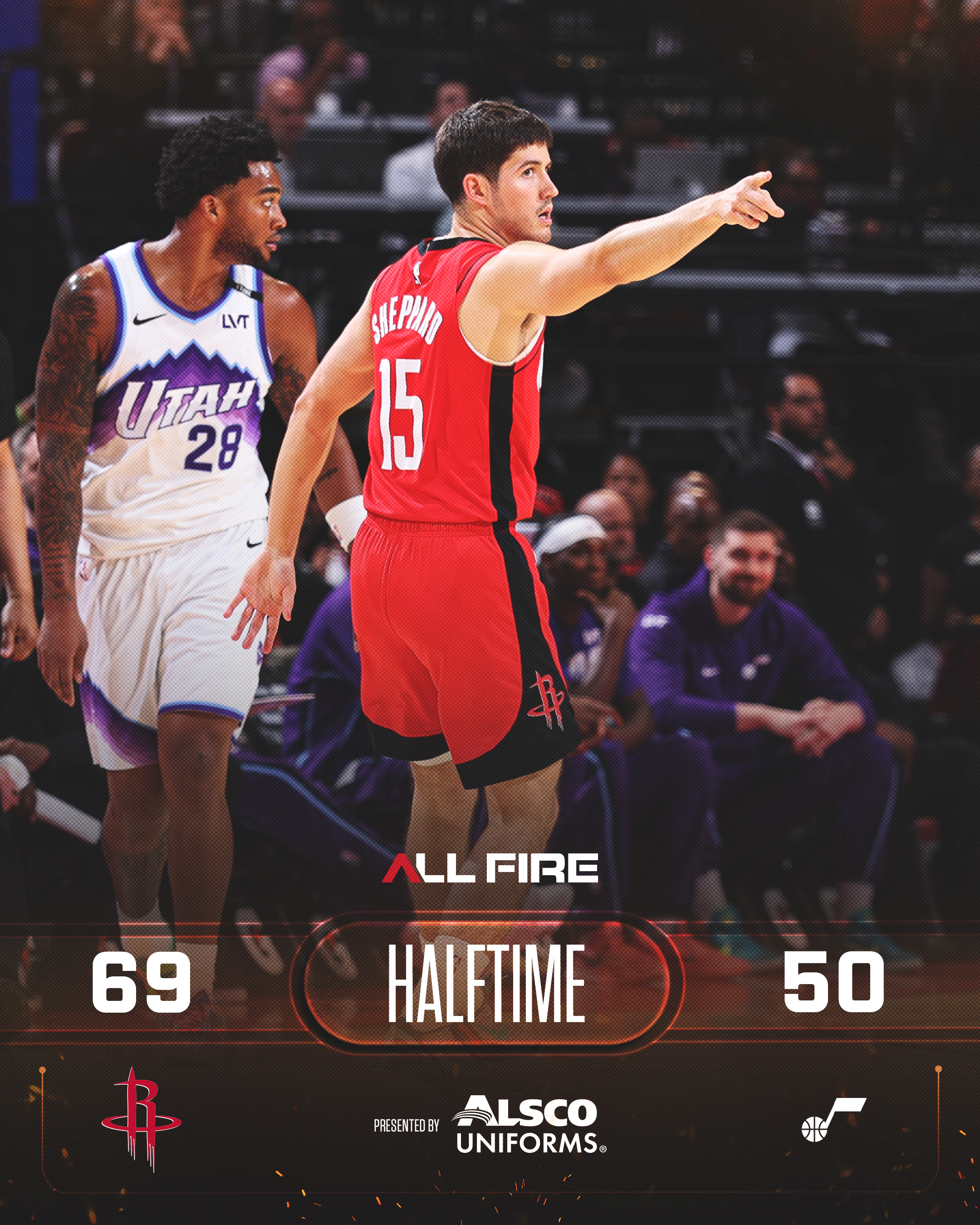 半场比赛结束！火箭69-50爵士！杜兰特18分2板3助、史密斯16分3板、阿门1