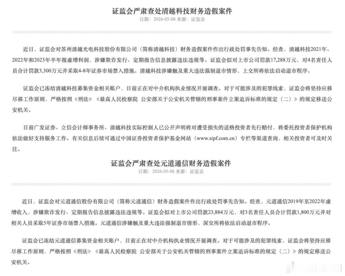 【两家A股公司财务造假】元道通信被罚2.39亿 5月8日，证监会网站发布消息，严