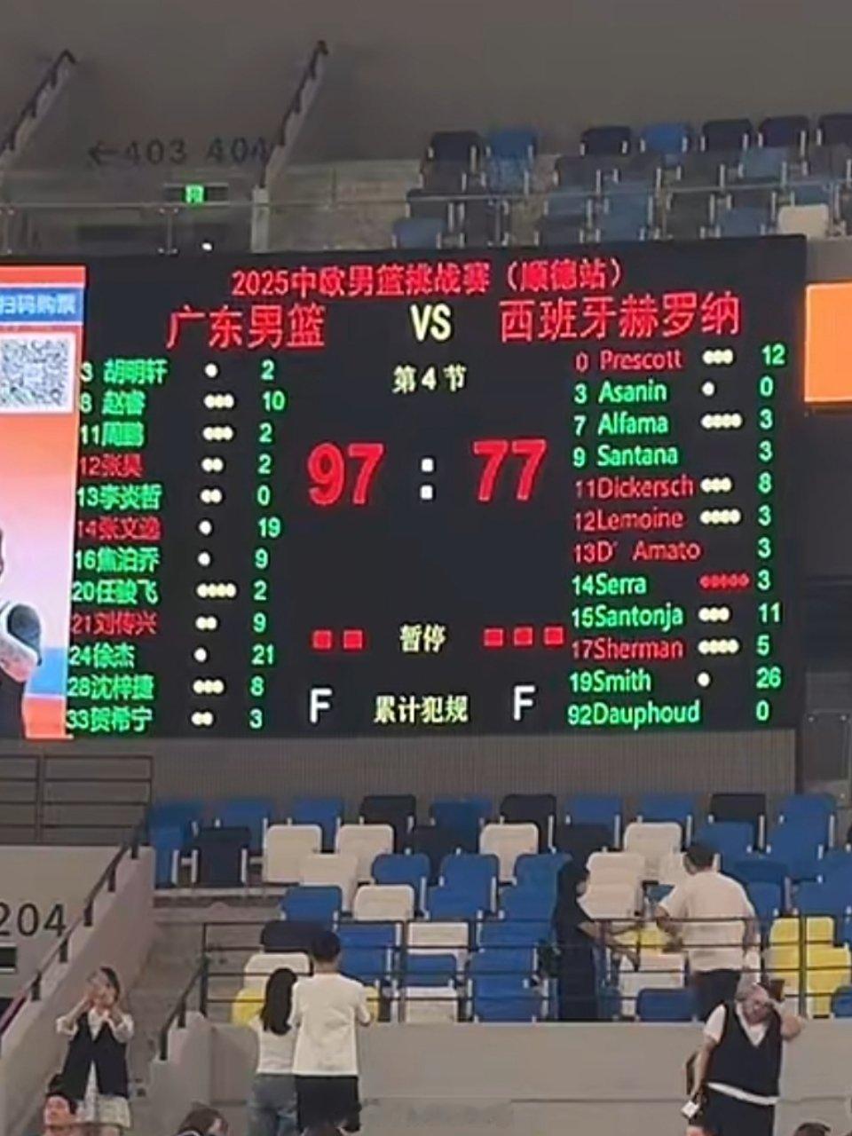 广东全运男篮97-77战胜西班牙赫罗纳男篮。徐杰21分，张文逸19分，赵睿10分