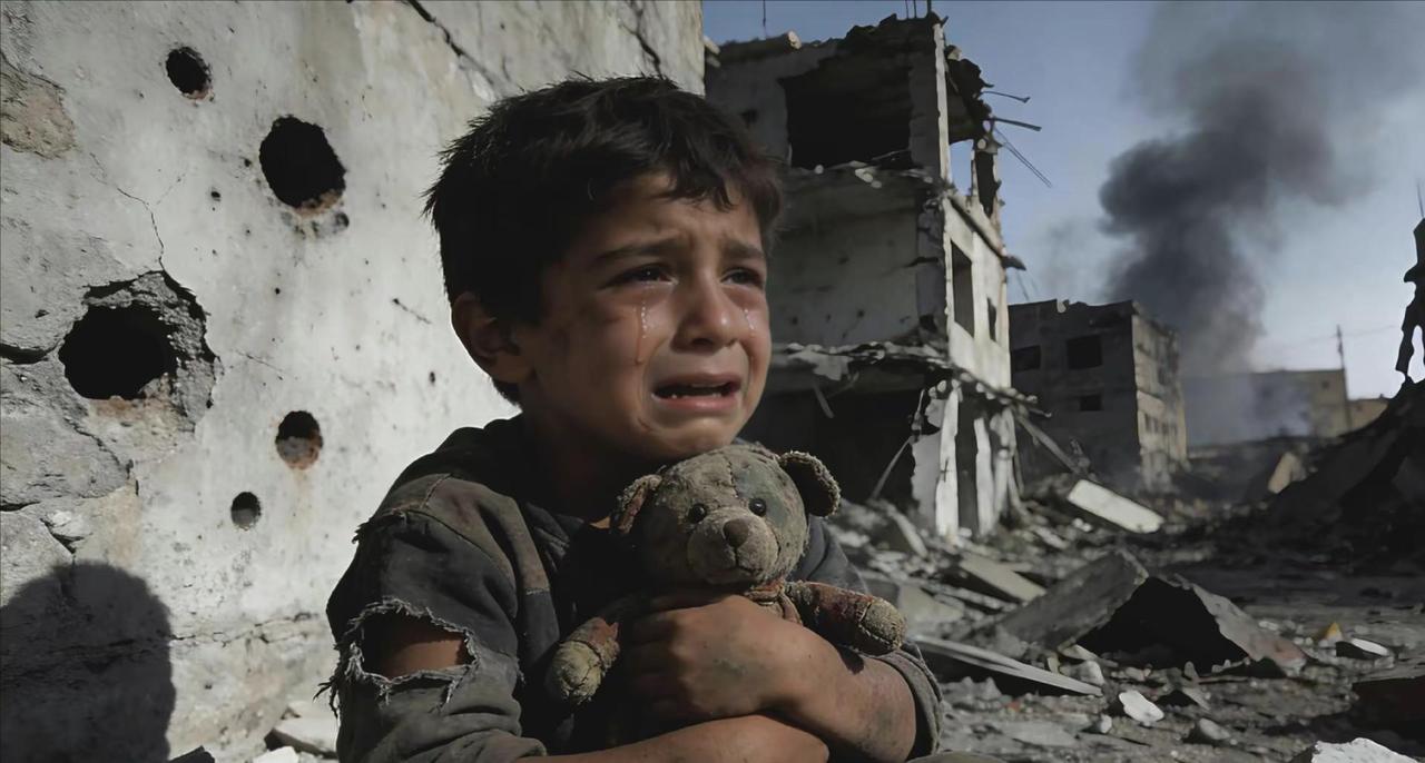 无论国籍，我们只愿世界和平。战争废墟中的孩子 珍爱和平 战争中的孩童 战争下的无