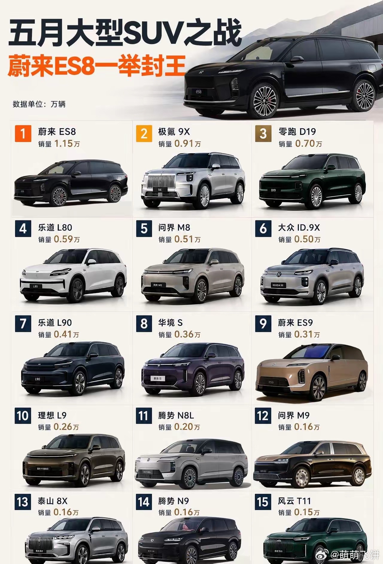 5月旗舰SUV销量榜出炉，蔚来ES8以1.15万辆断层登顶，大幅甩开竞品，高端S