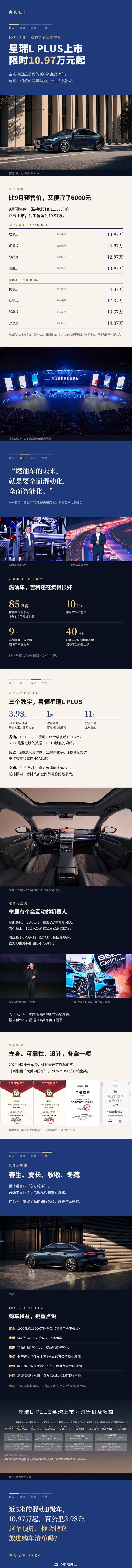 吉利星瑞lplus上市  限时10.97万起，比9月预售价又低了6000元。混动