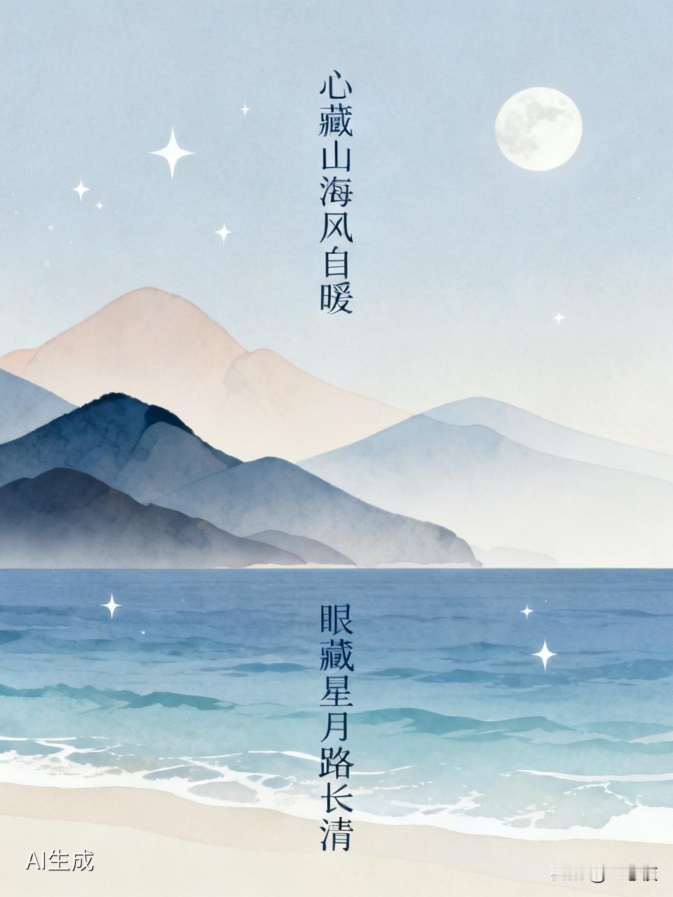 上联：心藏山海风自暖
下联：眼藏星月路长清