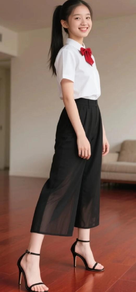 青春洋溢穿搭，红领结与黑裤子的完美搭配，尽显甜美与优雅。