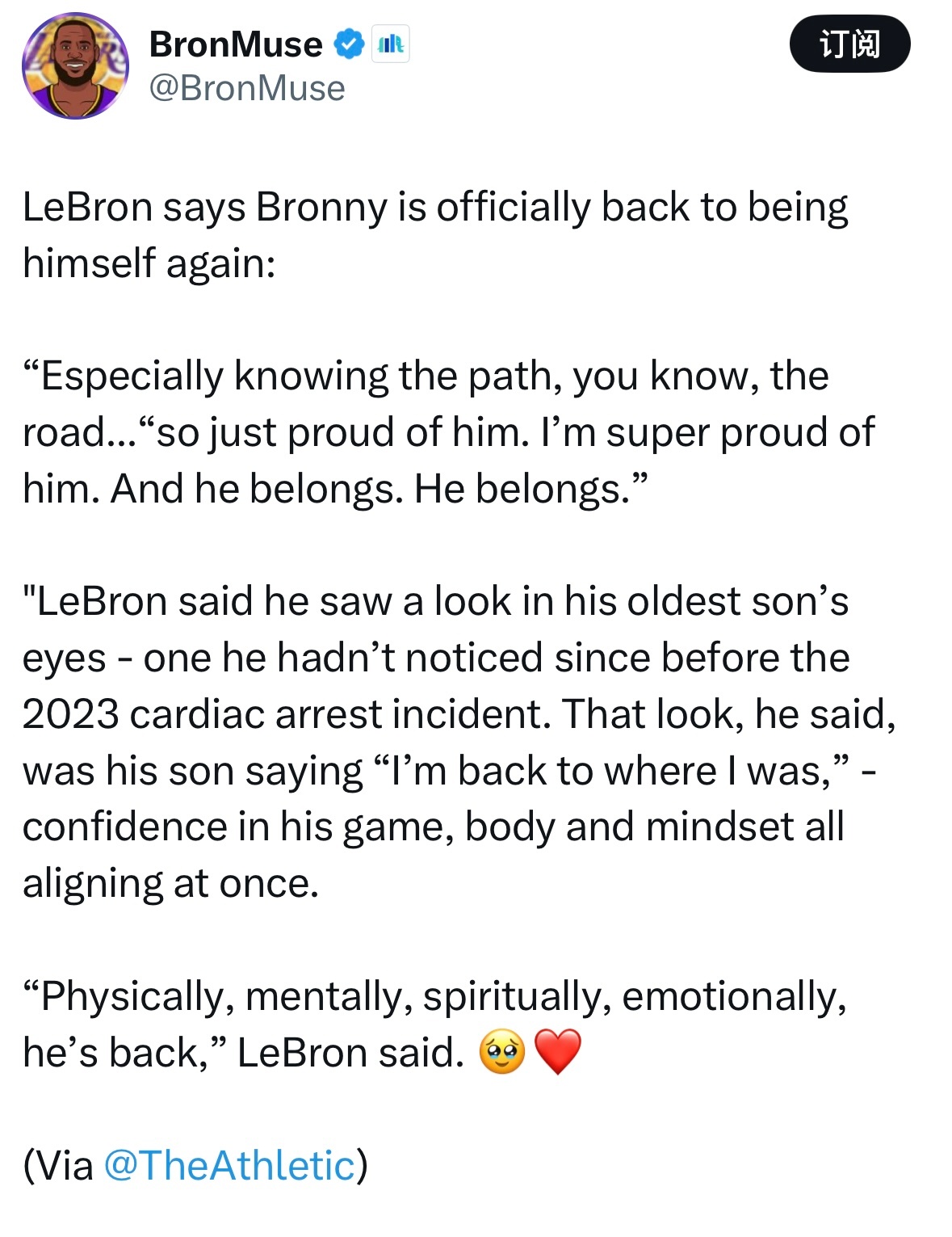 勒布朗表示，布朗尼终于找回了原本的自己：“尤其是了解他走过的这条路，你知道，那段