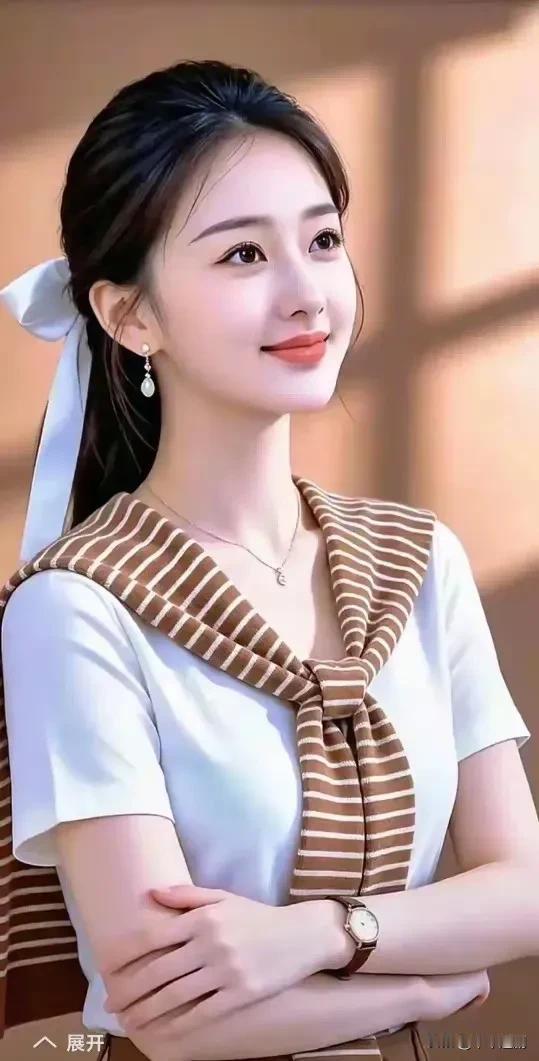 暖调光影落在肩头，白丝带束起长发，一身简约穿搭尽显温婉气质
