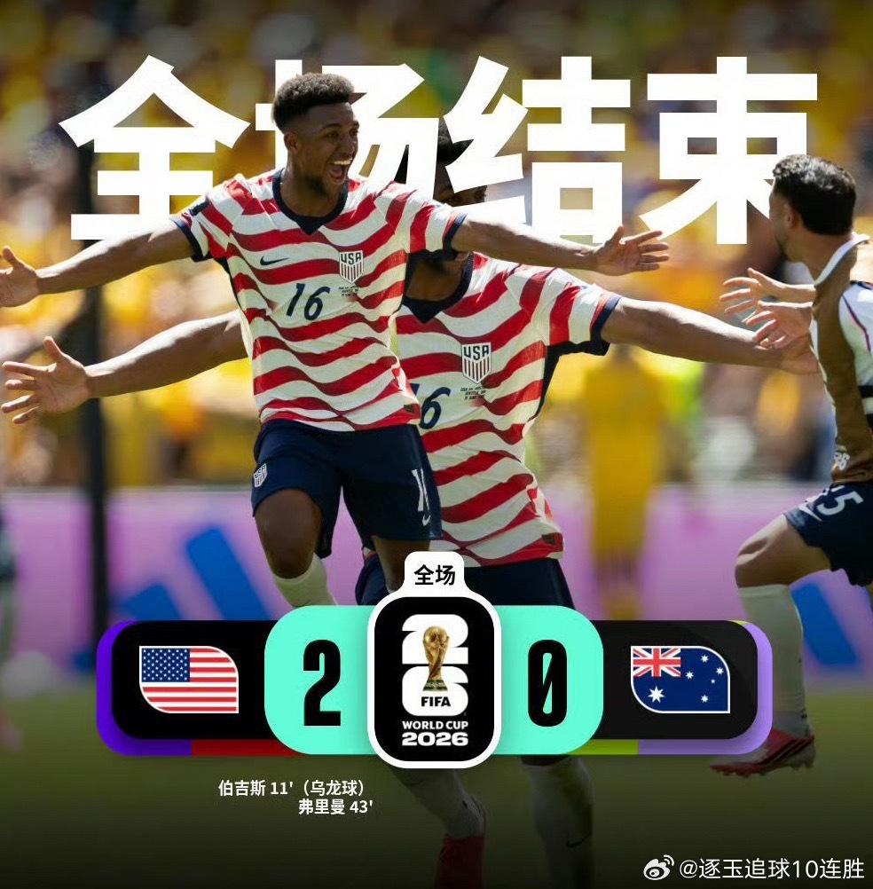 2026年世界杯美国对阵澳大利亚，澳后卫伯吉斯开场11分钟自摆乌龙，最终美国2-