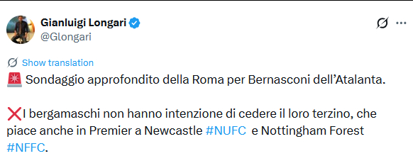 Longari：罗马对亚特兰大左后卫贝尔纳斯科尼进行了深入探询，不过对方无意出售